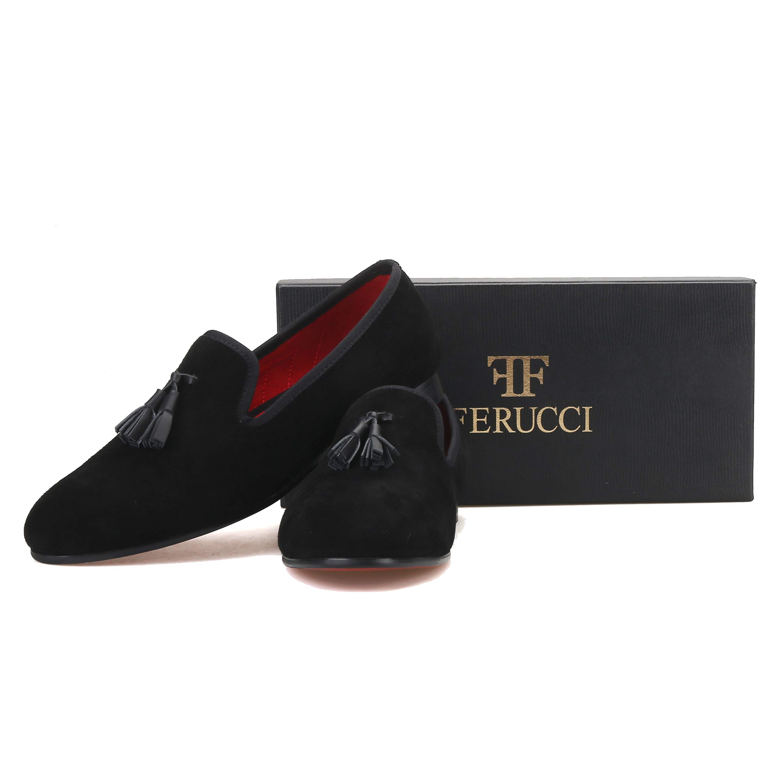FERUCCI Men's Black Suede Loafers with Leather Tassel - Comfortable House Slippers for Indoor/Outdoor Wear, Perfect for Home, Office & Casual Occasions