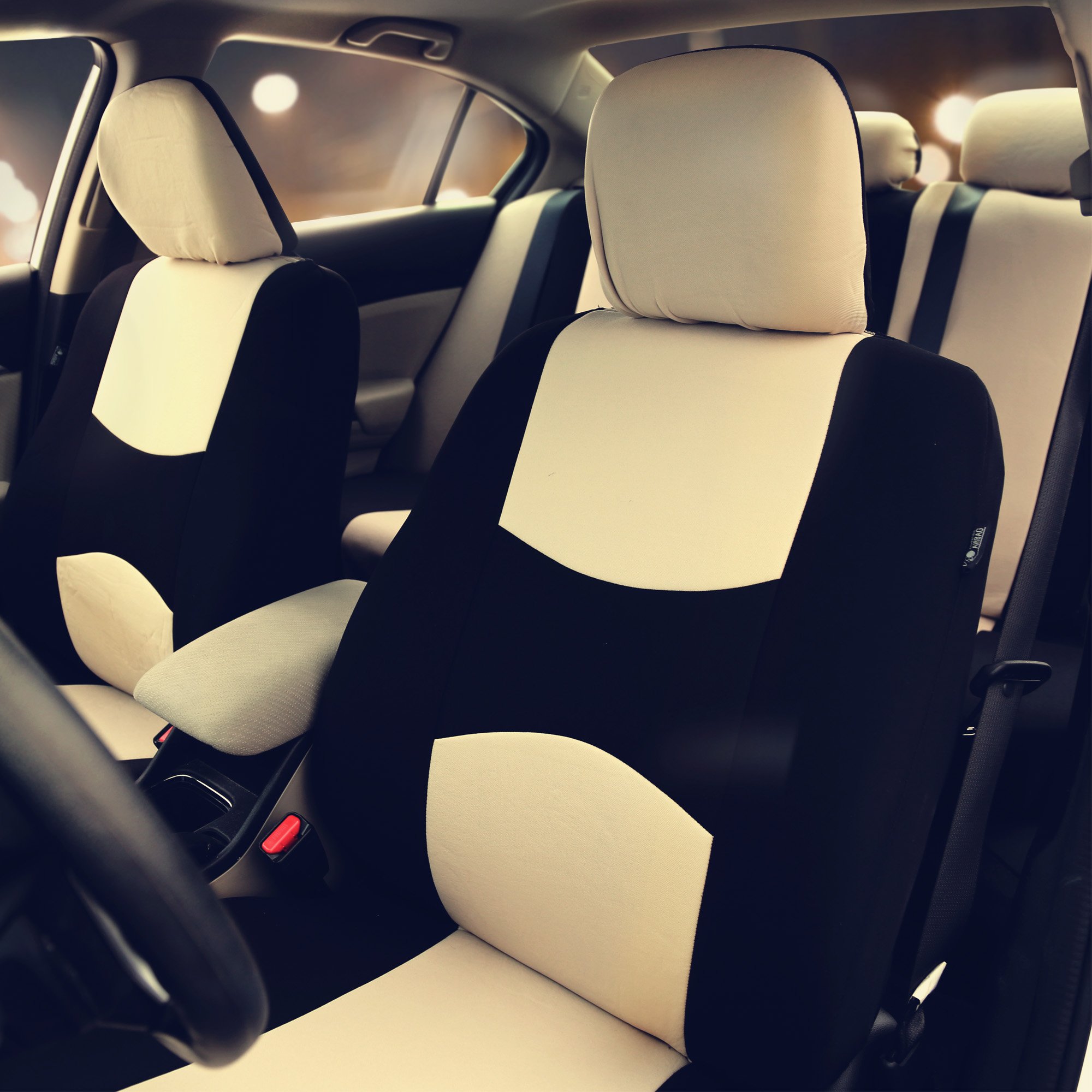 FH Group Universal Beige Car Seat Covers Full Set with Vinyl Floor Mats - Compatible with Cars, Trucks & SUVs, Airbag Safe, Split Rear Seat Design - Durable Flat Cloth & Combo Interior Accessories for Daily Commute, Road Trips & Family Protection