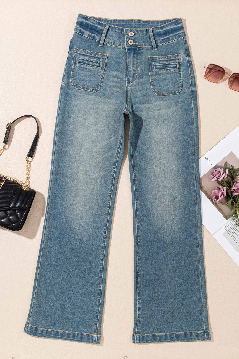 Amyra Women's High Waist Double Button Patch Pocket Flare Leg Jeans - Vintage Denim Pants for Casual Outfits & Retro Style