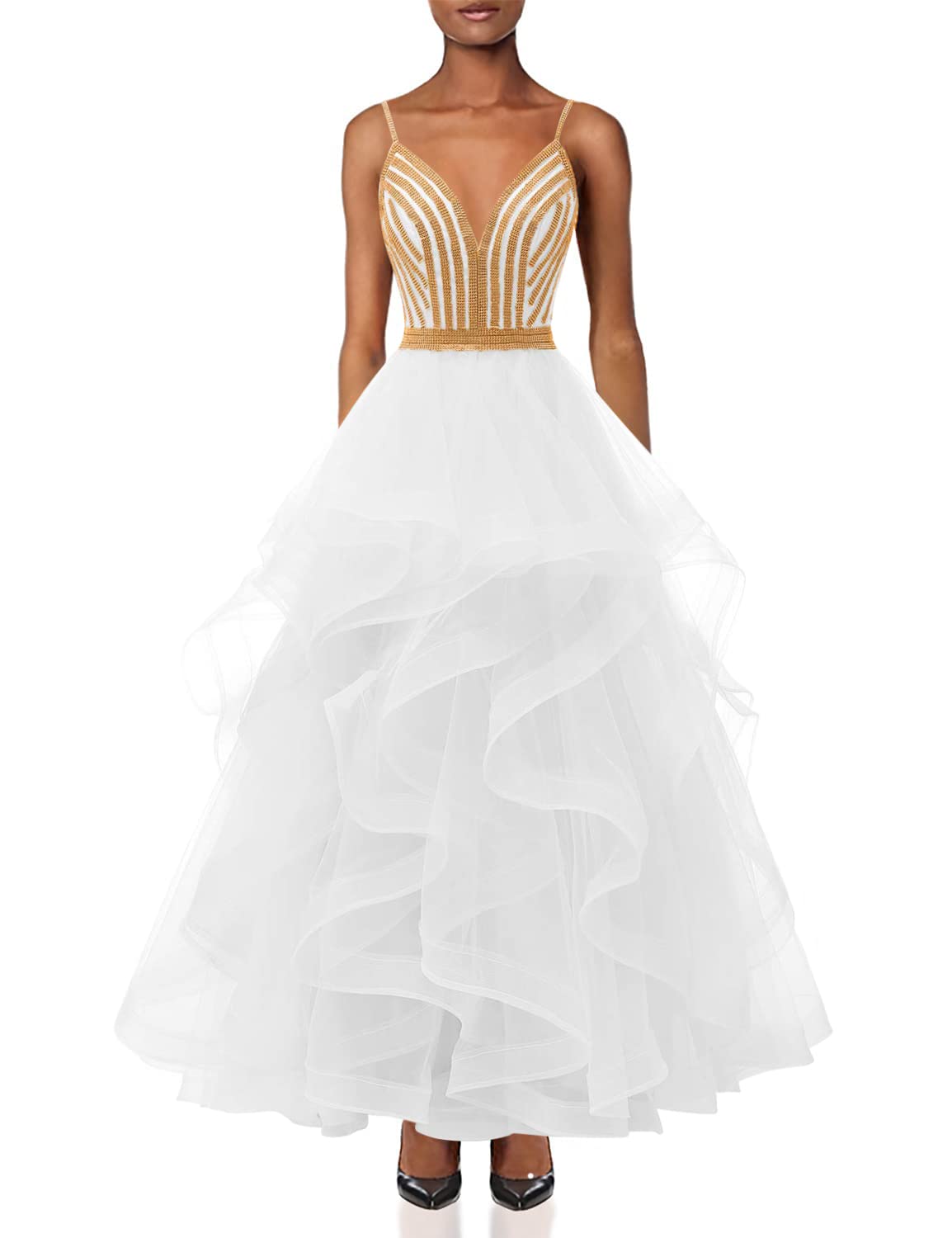 Chupeng Women's Gold Crystal Tiered Tulle Prom Dress - Elegant Spaghetti Strap Long Formal Evening Gown for Party, Cocktail, Ball & Homecoming - Perfect for Prom Night, Wedding Guest & Special Occasions
