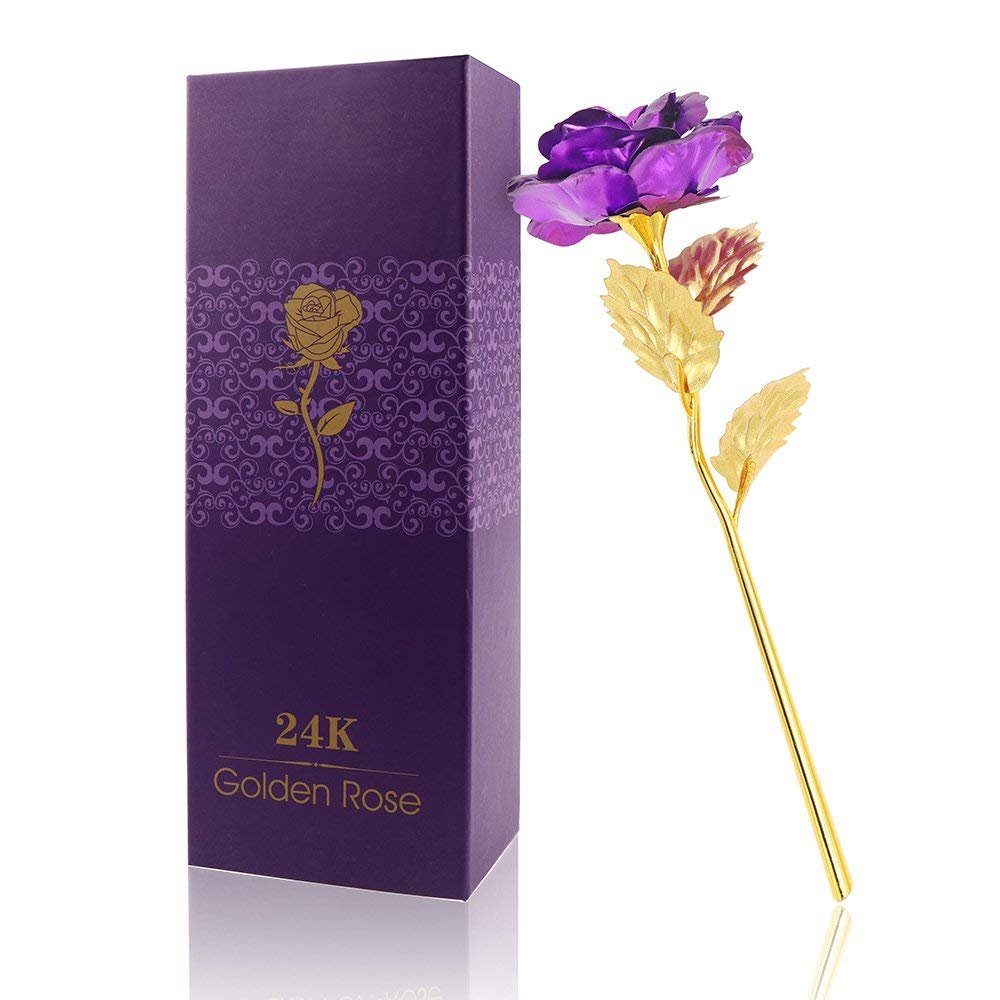 24K Gold Foil Rose Flower in Gift Box - Elegant Artificial Rose with Display Stand for Women | Perfect Birthday, Valentine's Day, Mother's Day, Christmas & Thanksgiving Gift | Home Decor, Wedding Centerpiece, Anniversary Surprise