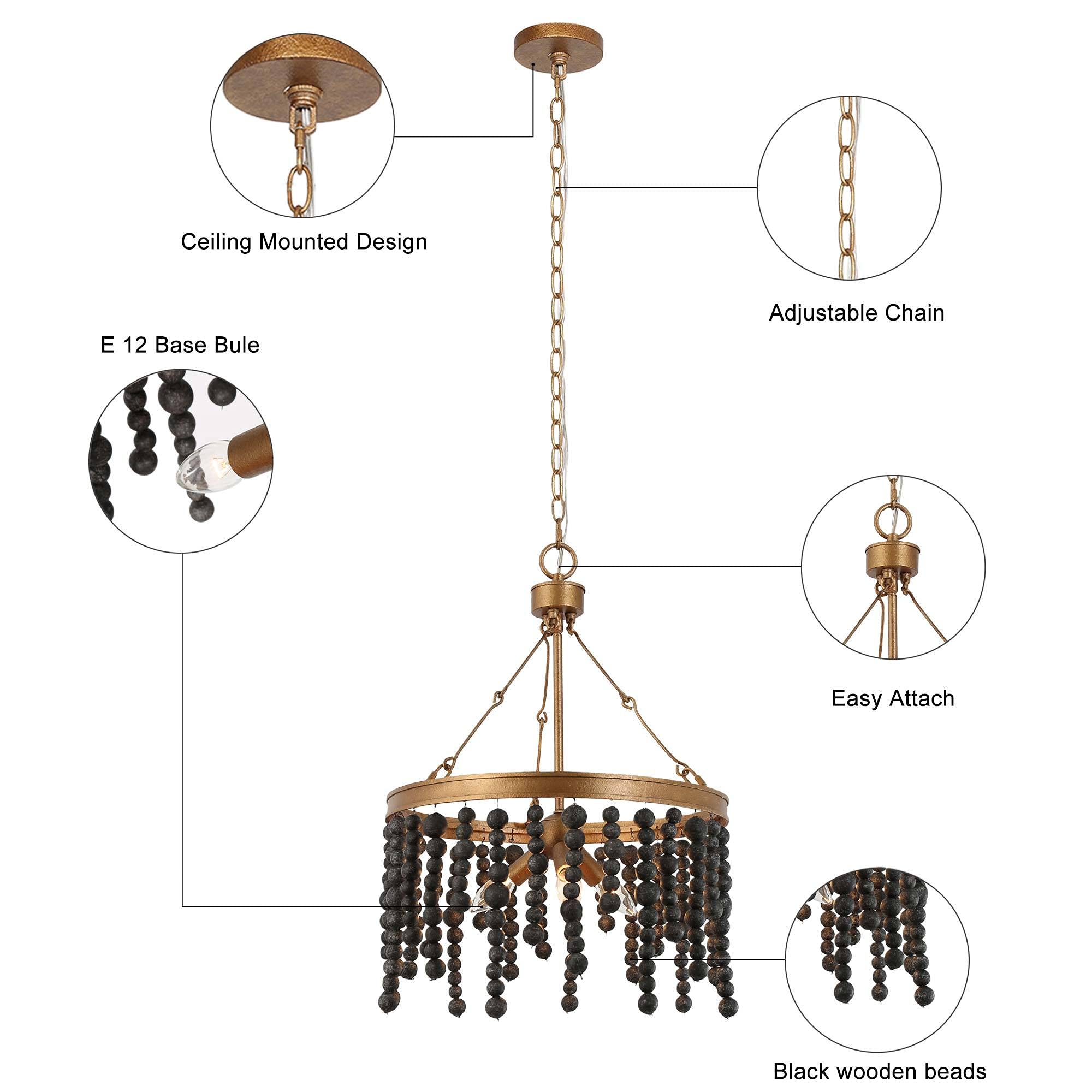 Black 3-Light Wood Beaded Boho Chandelier - 17