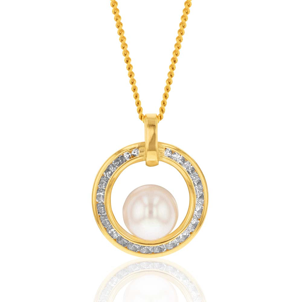 9ct Yellow Gold 6mm Freshwater Pearl and Cubic Zirconia Pendant Necklace - Elegant Jewelry Gift for Women, Perfect for Weddings, Anniversaries & Special Occasions