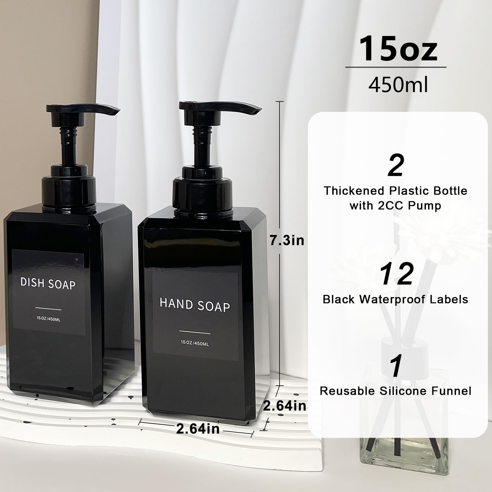Black Soap Dispenser with Waterproof Labels - 15oz Thickened Plastic Hand Soap Dispenser for Bathroom, Kitchen, Dish Washing Liquid, Shampoo & Conditioner Bottles (2-Pack) - Perfect for Home, Office & Commercial Use