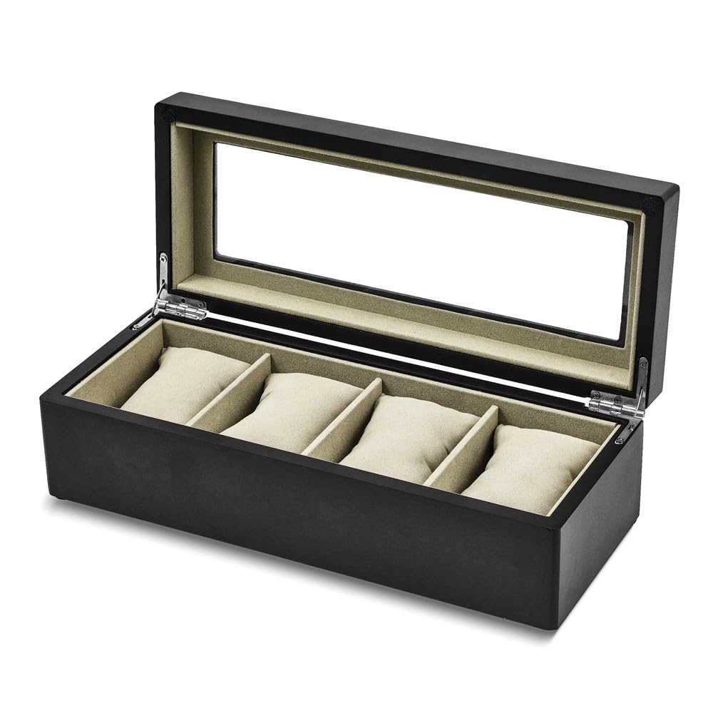 Premium Matte Black Wooden Watch Box with Glass Top - Velour Lining & Cushions for 4 Watches | Luxury Watch Storage & Display Case for Men's Jewelry Organization & Gift Giving