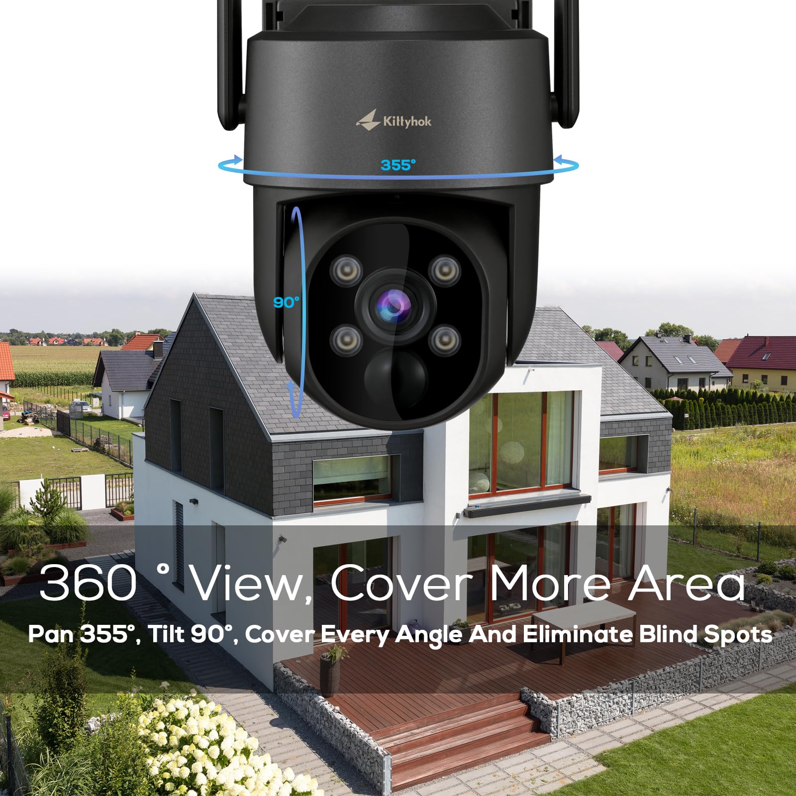 Kittyhok Black Solar Security Cameras Wireless Outdoor System - 5G/2.4G WiFi, 4 Pack 2K Ultra HD Pan/Tilt Solar Security Cameras with Human Detection, Spotlight, 10CH WiFi-6 NVR, 60 Days Local Storage - Ideal for Home Security, Yard Monitoring & Property Protection