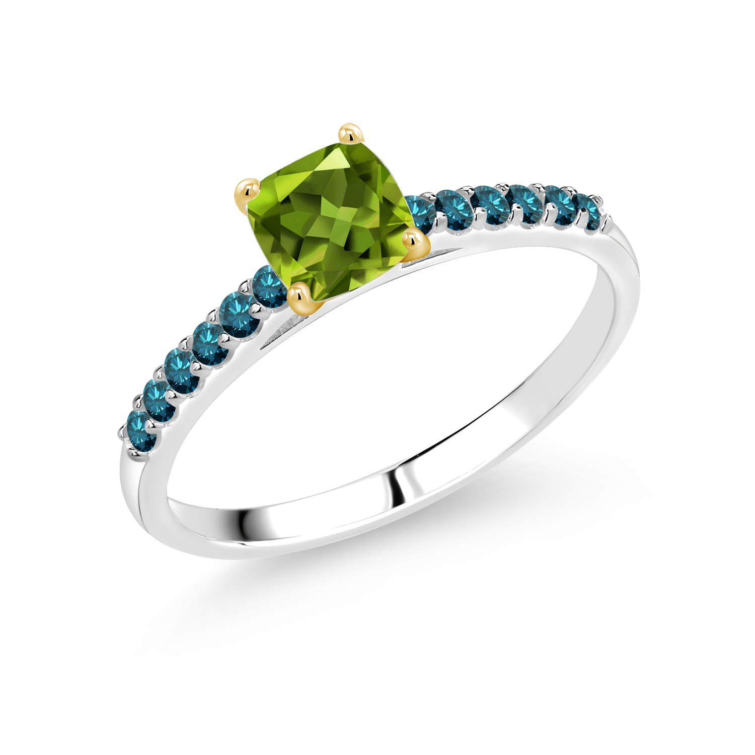 0.80 Ct Natural Green Peridot & Blue Diamond 10K White Gold Ring with Yellow Gold Prongs - Elegant Birthstone Jewelry for Women, Perfect for Engagement, Anniversary & Special Occasion Gifts