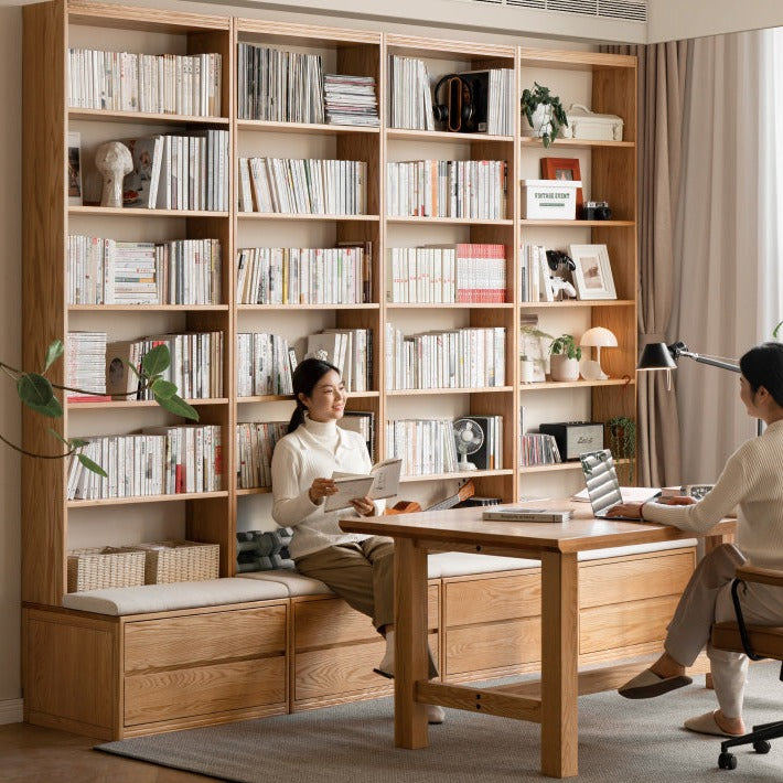 Solid Oak Wood Wall-to-Wall Bookshelf with Built-in Seat - Perfect for Home Library, Study Room & Living Room Storage