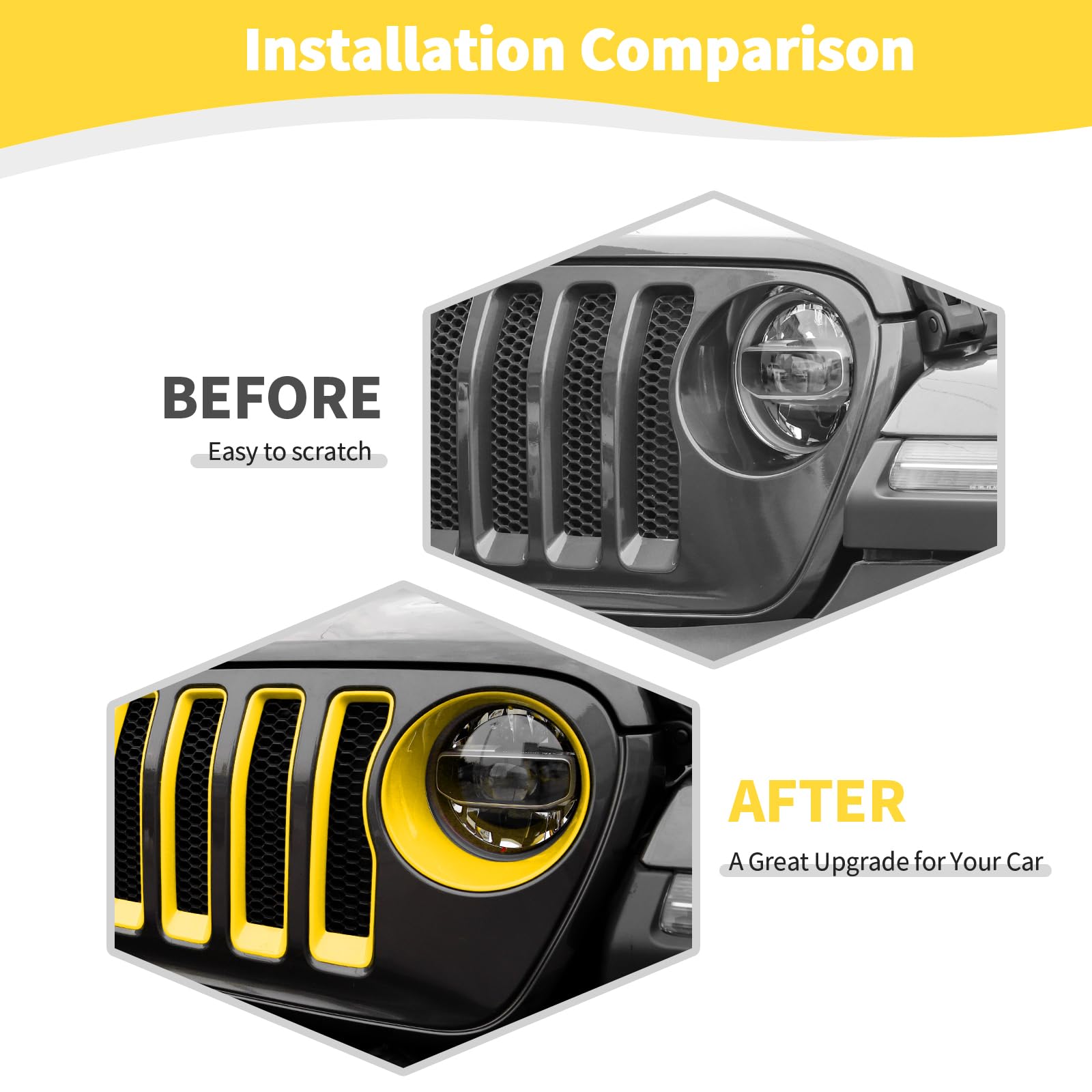 RT-TCZ Jeep Wrangler JL/JLU (2018-2022) Mesh Front Grille Insert with Headlight Covers - 9-Piece Yellow Exterior Accessory Kit for Off-Road Protection & Style Enhancement | Perfect for Trail Riding, Urban Driving & Jeep Customization