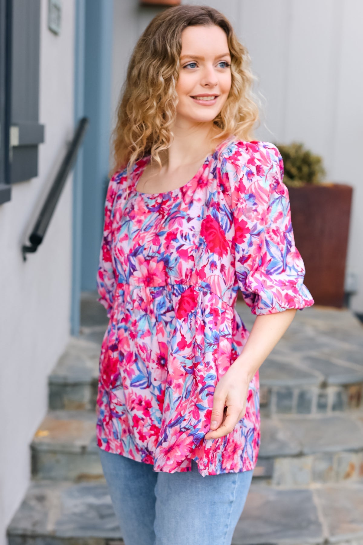 Feeling Femmi Pink & Fuchsia Floral Peplum Woven Top for Women - Elegant Blouse for Spring Summer Outfits, Date Night & Office Wear