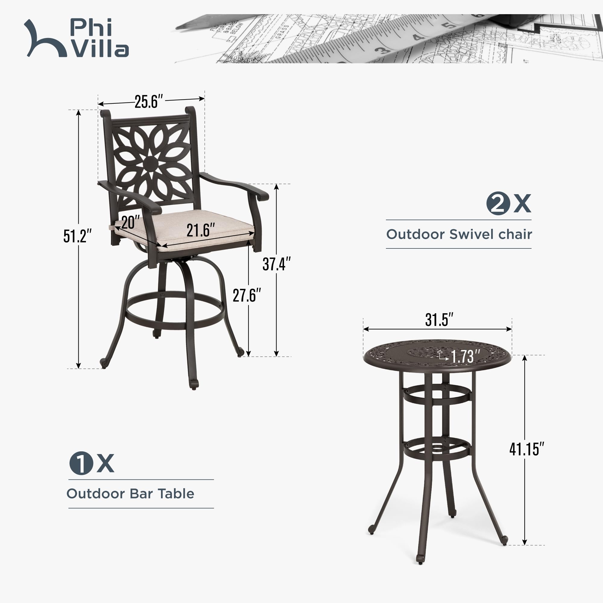 PHI VILLA 3-Piece Outdoor Patio Furniture Set - Brown Cast Aluminum High Top Table with Swivel Bar Stools & Cushions - Durable Bistro Pub Set for Garden, Deck, Backyard & Poolside Dining