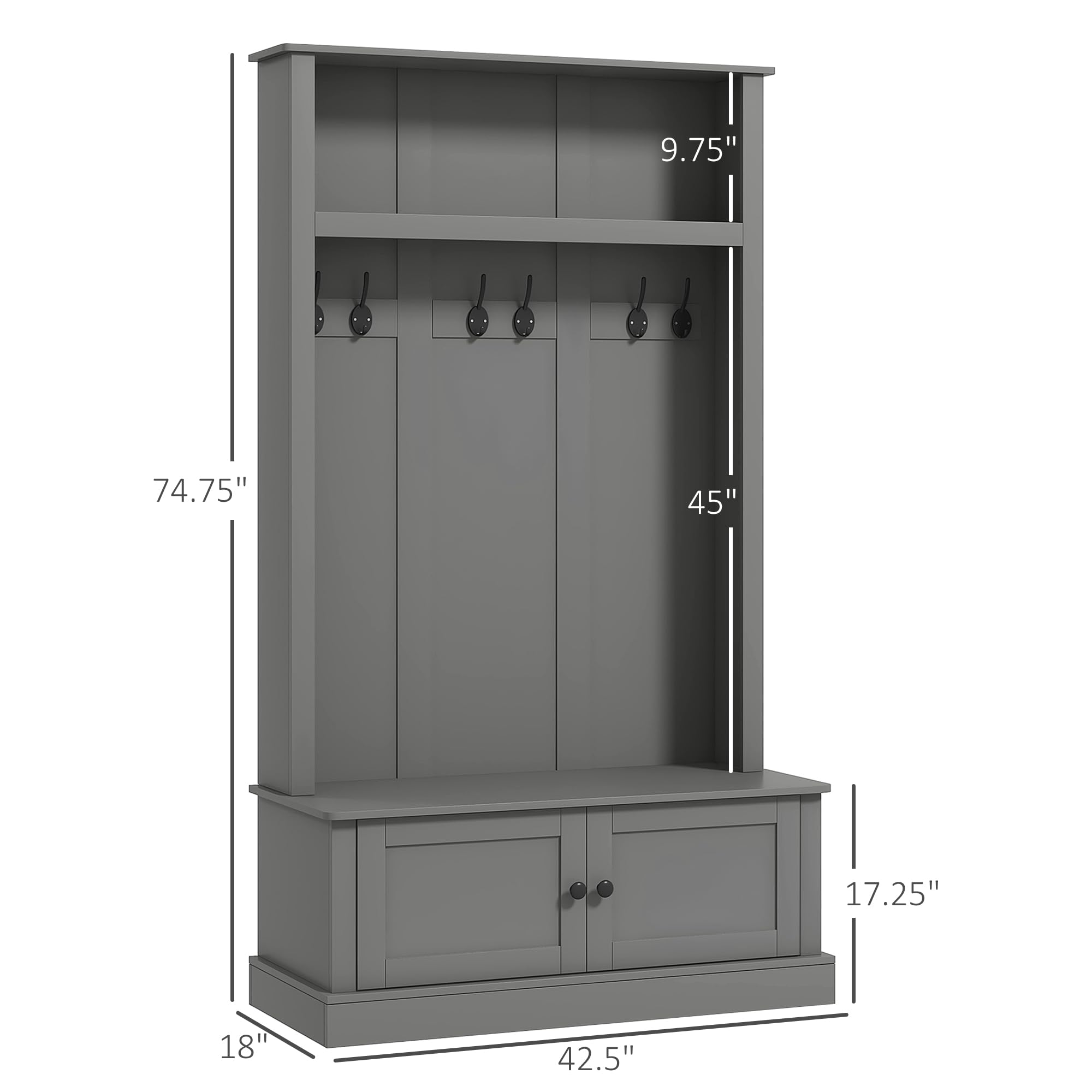 HOMCOM Entryway Bench with Storage & Hooks - Hall Tree Coat Rack, Shoe Storage Cabinet & Shelf - Mudroom Bench for Hallway, Living Room & Entryway Organization - Gray