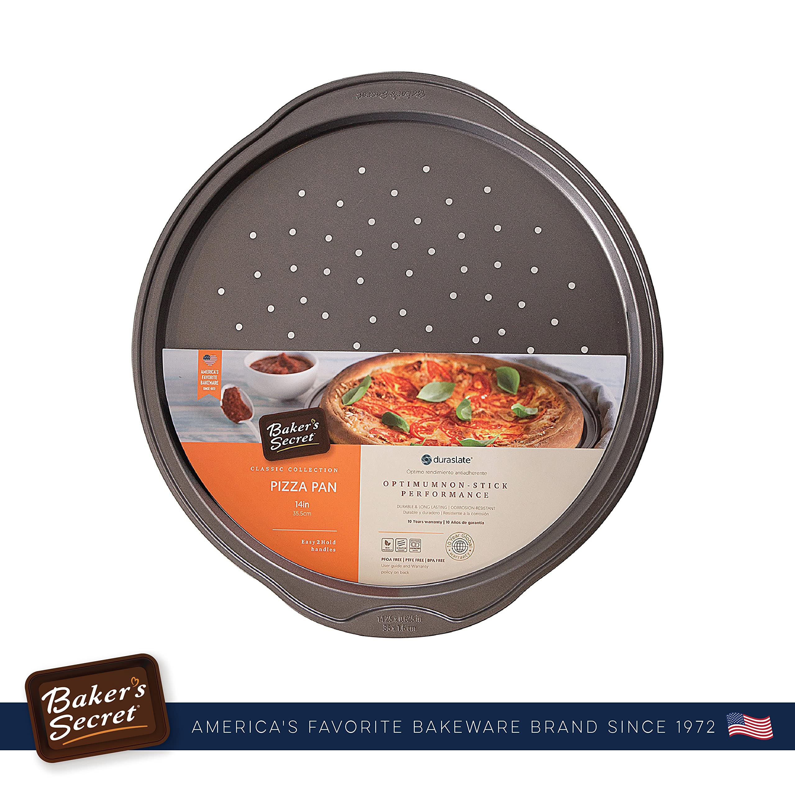 Baker's Secret 14-Inch Non-Stick Pizza Pan for Oven - Carbon Steel Baking Pan with Food-Grade Coating, Dishwasher Safe & Easy Release - Perfect for Homemade Pizza, Bread, Cookies & More | Classic Collection
