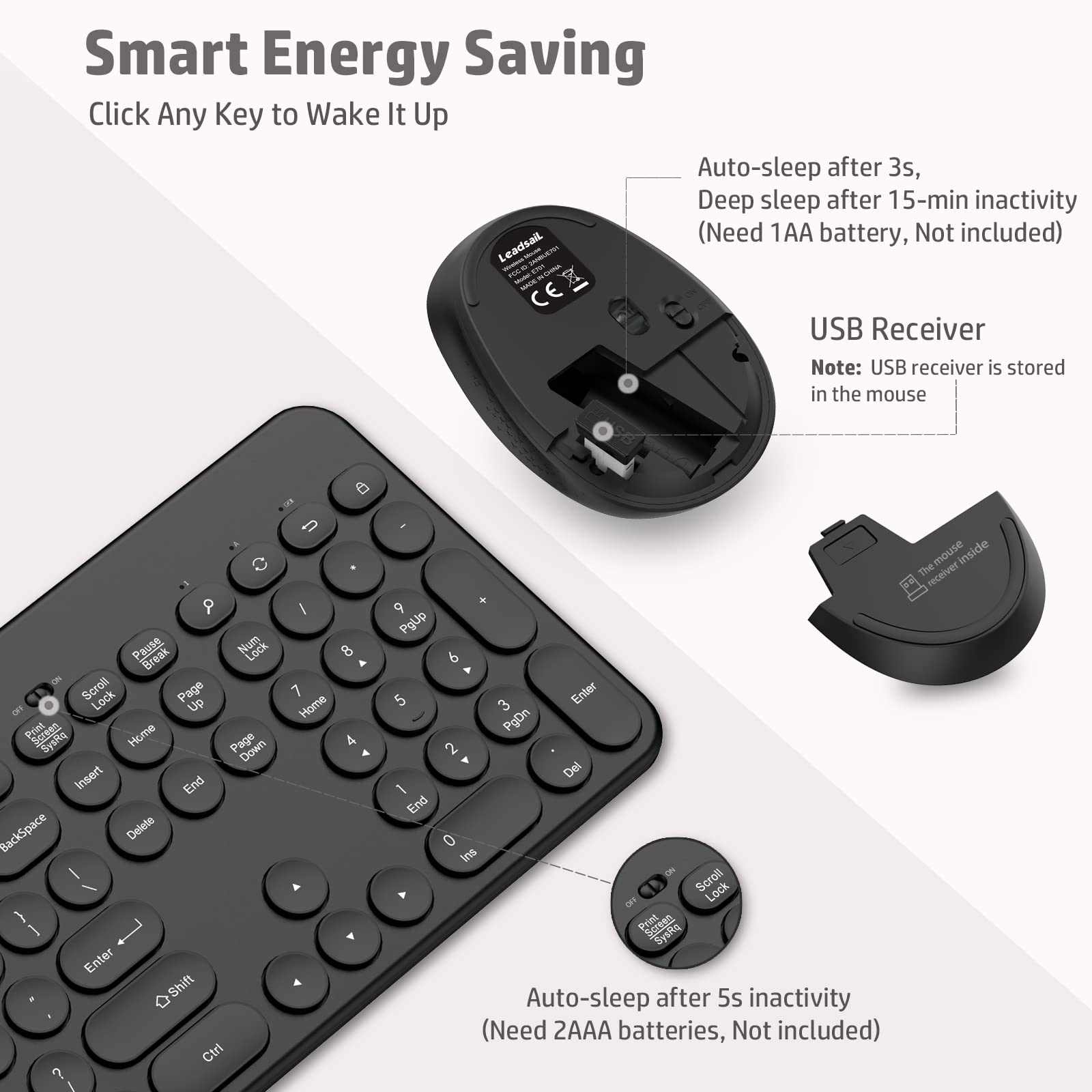 LeadsaiL Wireless Keyboard and Mouse Combo with Phone & Tablet Holder - Full-Sized Ergonomic USB Keyboard and Mouse Set for Windows PC, Laptop, Desktop - Perfect for Home Office, Gaming, and Remote Work (Black)