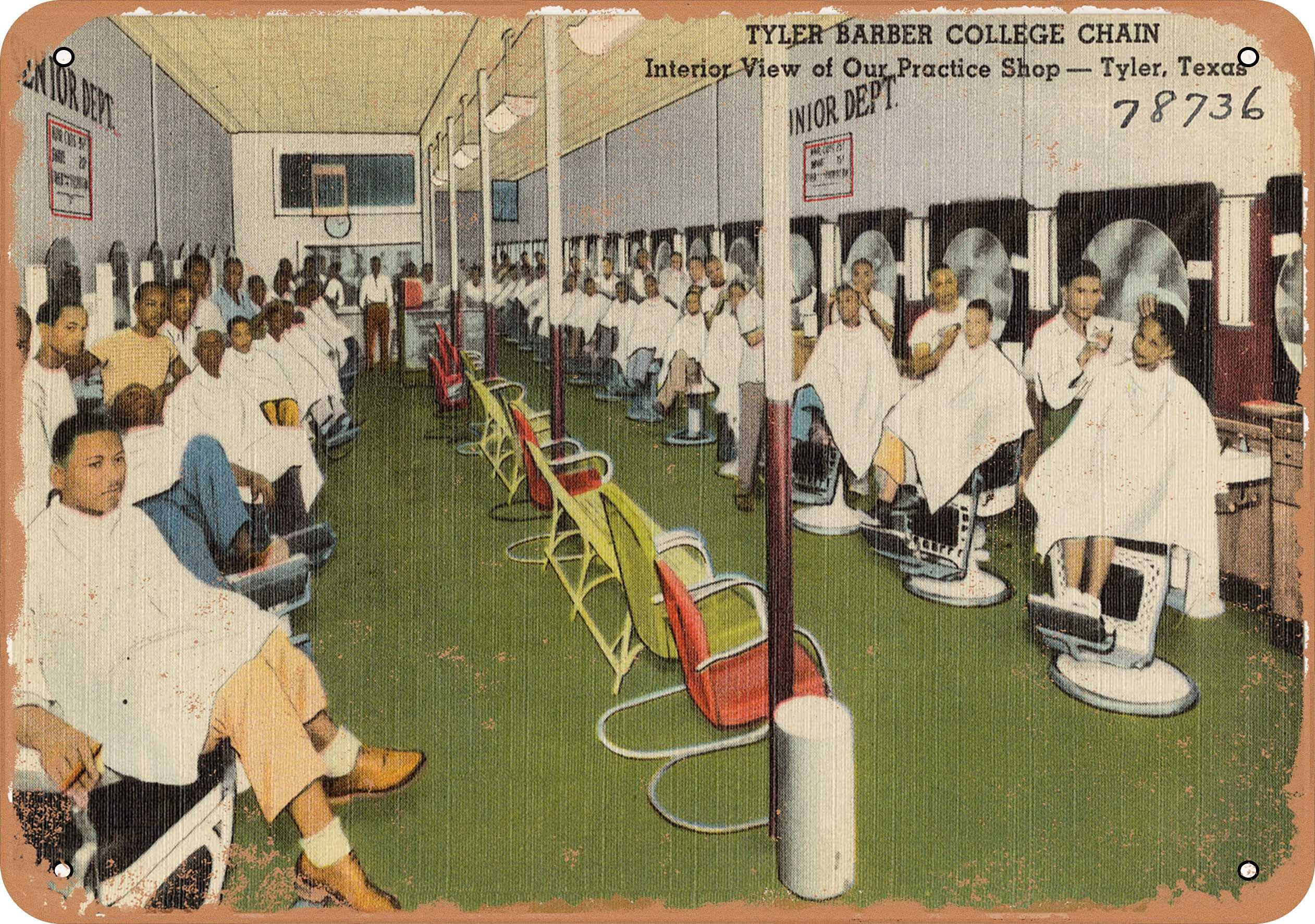 10 x 14 Inch Vintage Rusty Metal Sign - Texas Postcard Style Tyler Barber College Chain Shop Interior View - Wall Decor for Man Cave, Barbershop & Retro Home Decor