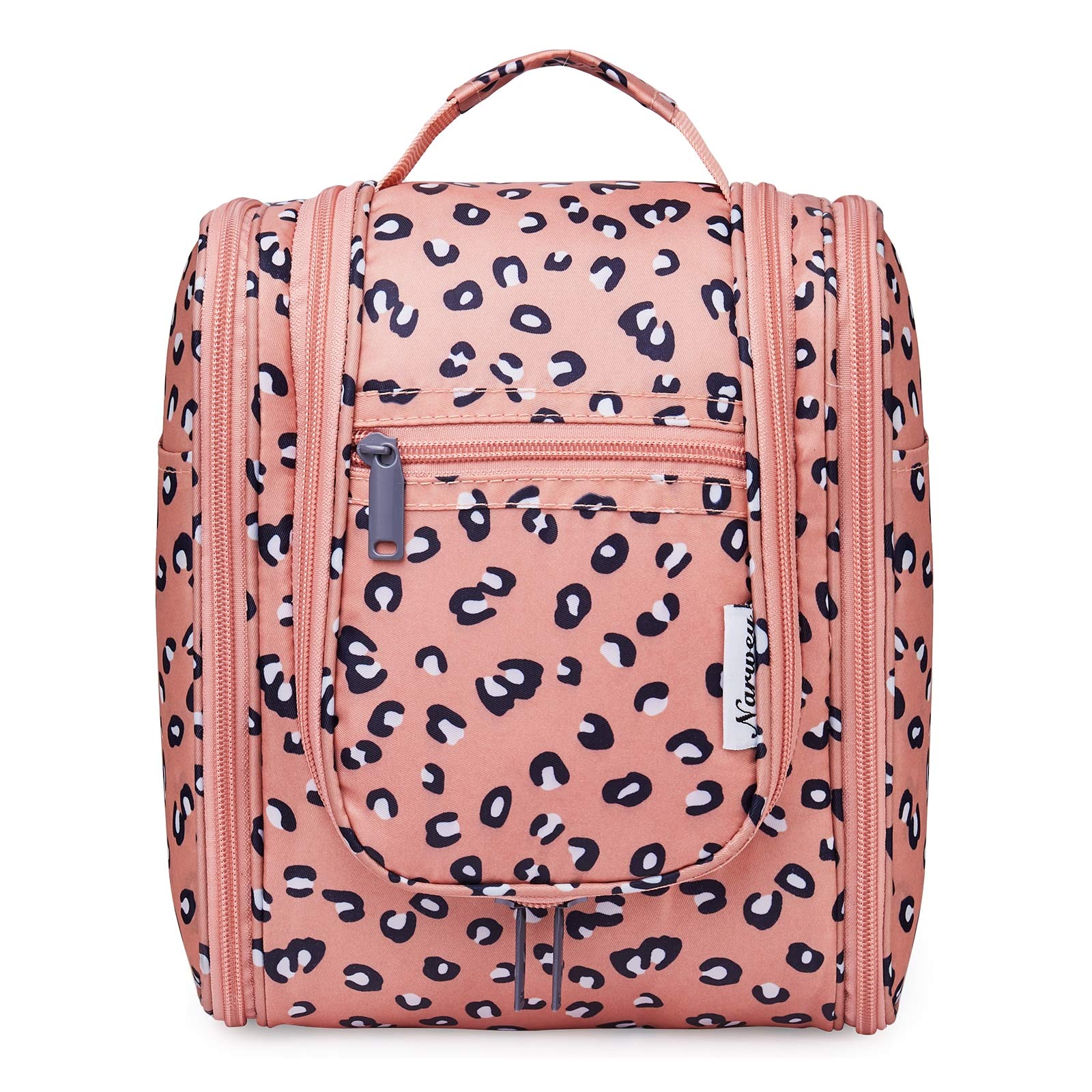 Narwey Small Hanging Cheetah Print Toiletry Bag for Women - Travel Makeup Organizer with Multiple Pockets for Cosmetics & Toiletries (Medium, Orange Leopard) - Perfect for Vacation, Gym & Weekend Getaways