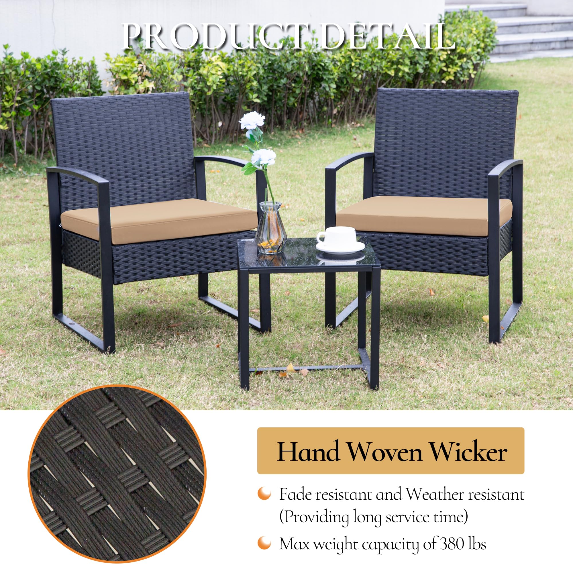 HYDRAGARDEN 3-Piece Outdoor Patio Furniture Set - Black Wicker & Brown Cushion Bistro Conversation Set with Glass Table, Weather-Resistant Rattan Chairs for Garden, Porch, Balcony, Backyard - Perfect for Relaxing, Entertaining Guests, and Outdoor Dining