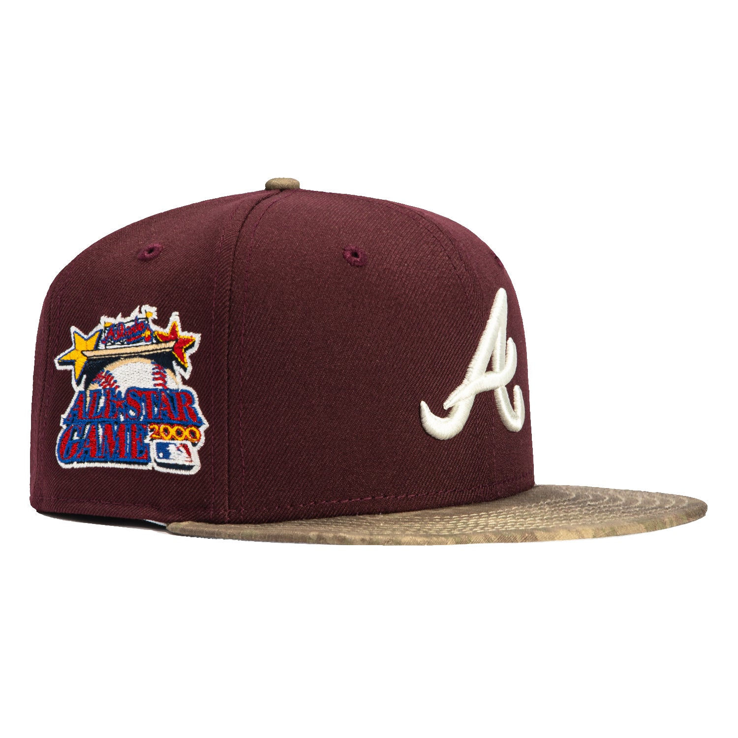 New Era 59Fifty Atlanta Braves 2000 All Star Game Patch Hat - Maroon Camo Water Color Design | MLB Baseball Cap for Men & Women | Game Day, Sports Fan Gift, Streetwear Fashion