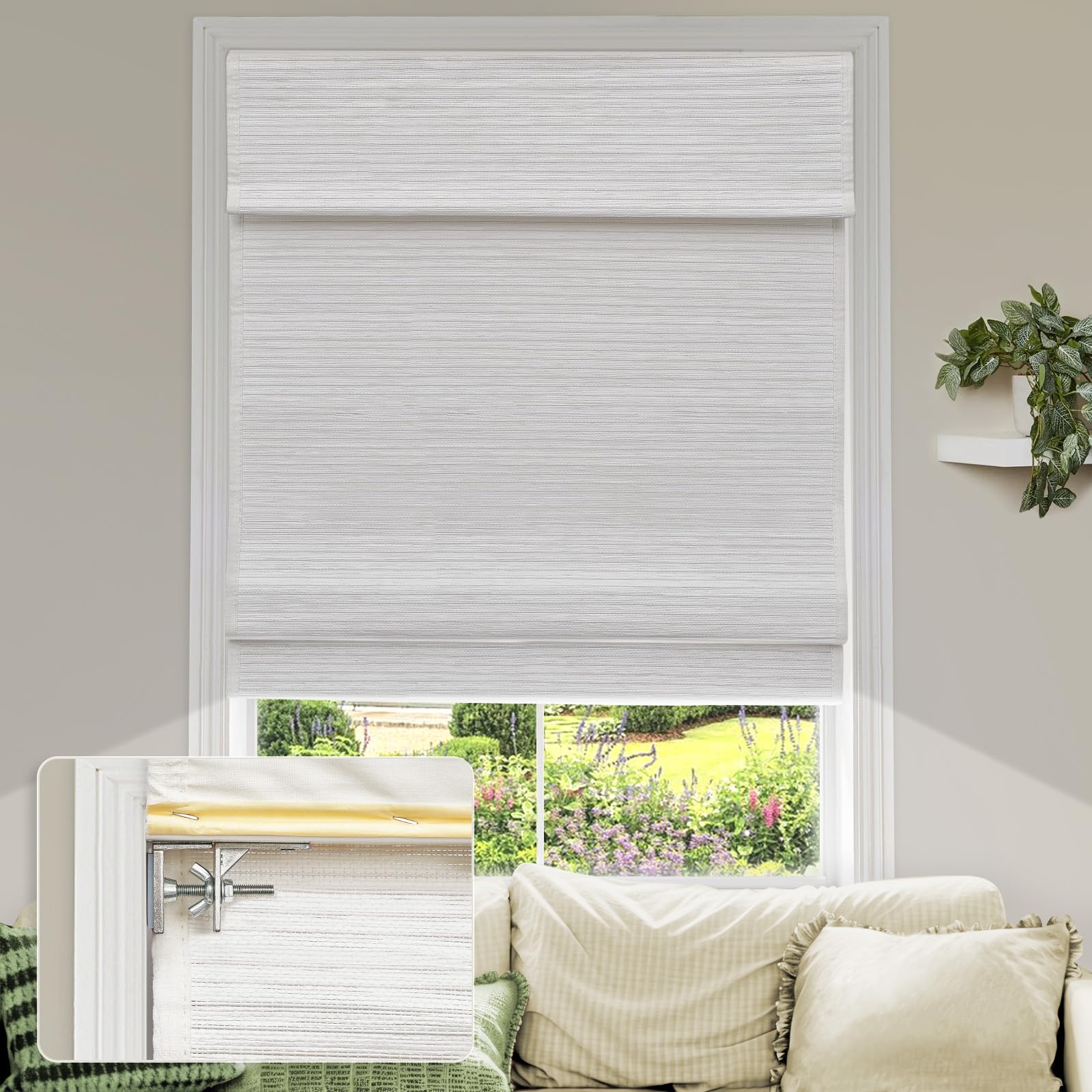 No Tools No Drill Cordless Roman Shades - Blackout Privacy Window Blinds in Natural Linen Fabric (Woodlands White) - Custom Sizes for Bedroom, Kitchen & Living Room | Easy Installation & Light Control for Home Decor