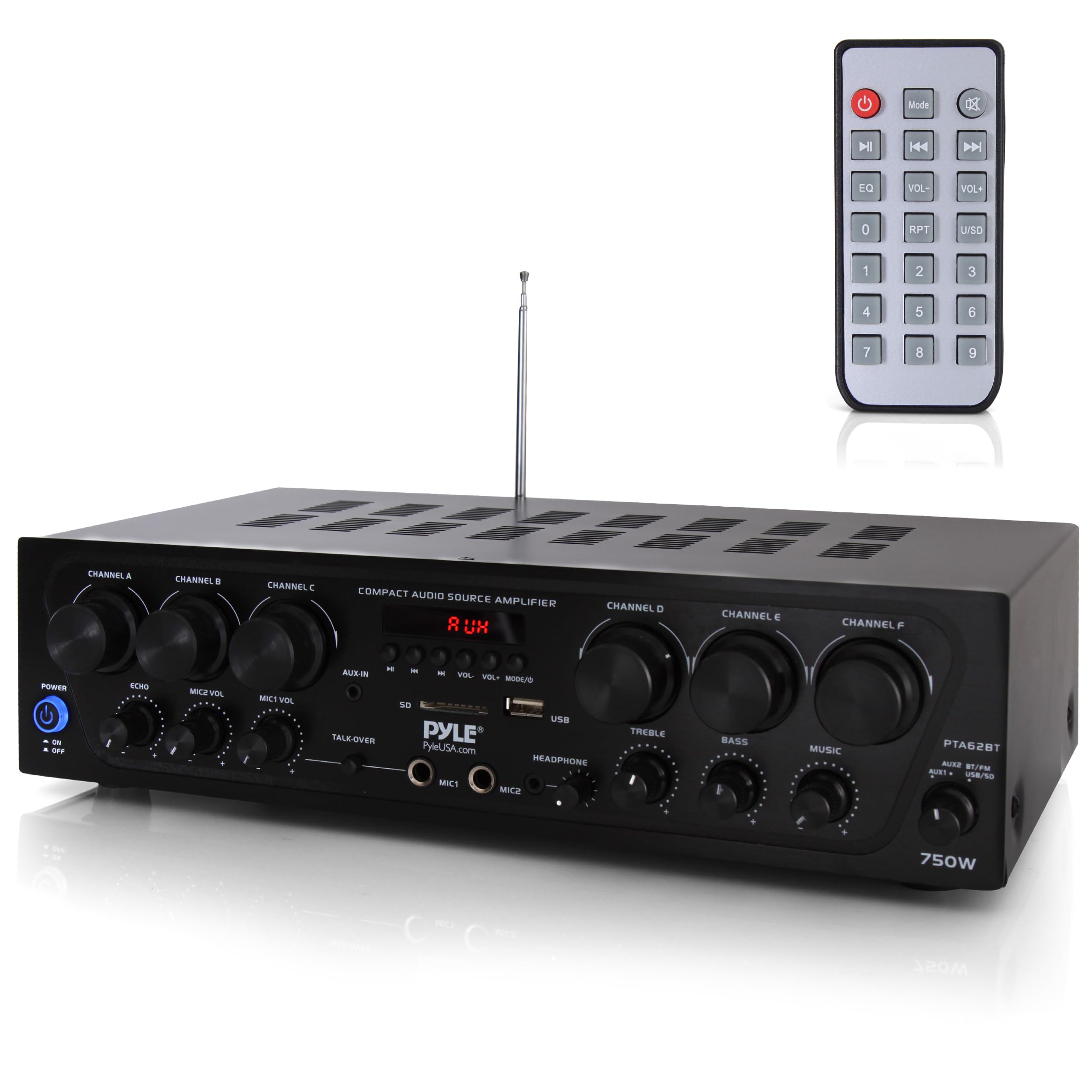 Pyle Wireless Bluetooth Home Audio Amplifier System - 6 Channel 750W Power Stereo Receiver with USB, Micro SD, Headphone Jack & Dual Mic Inputs with Echo, Talkover - Perfect for Home Theater, Karaoke Parties & PA Systems - PTA62BT.5
