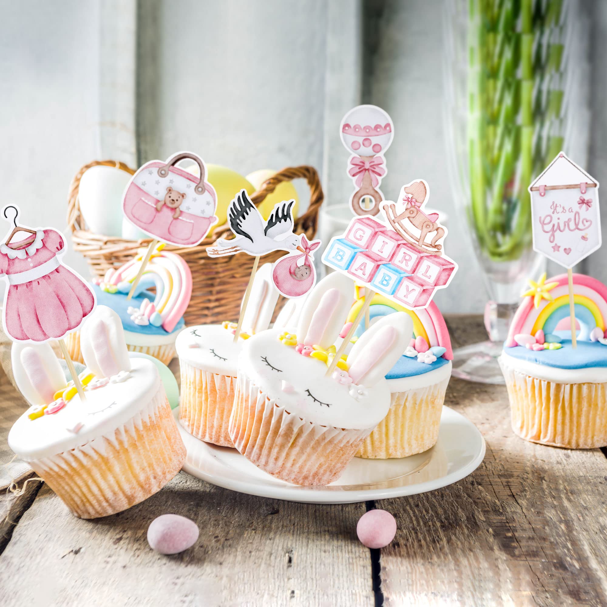 36Pcs Baby Shower Cupcake Toppers - Swan Pacifier Cloud Moon Star Decorations for Girls | Oh Baby It's a Girl Cake Decor | Pink Baby Shower & Birthday Party Supplies | Perfect for Baby Showers, Gender Reveals & 1st Birthday Parties