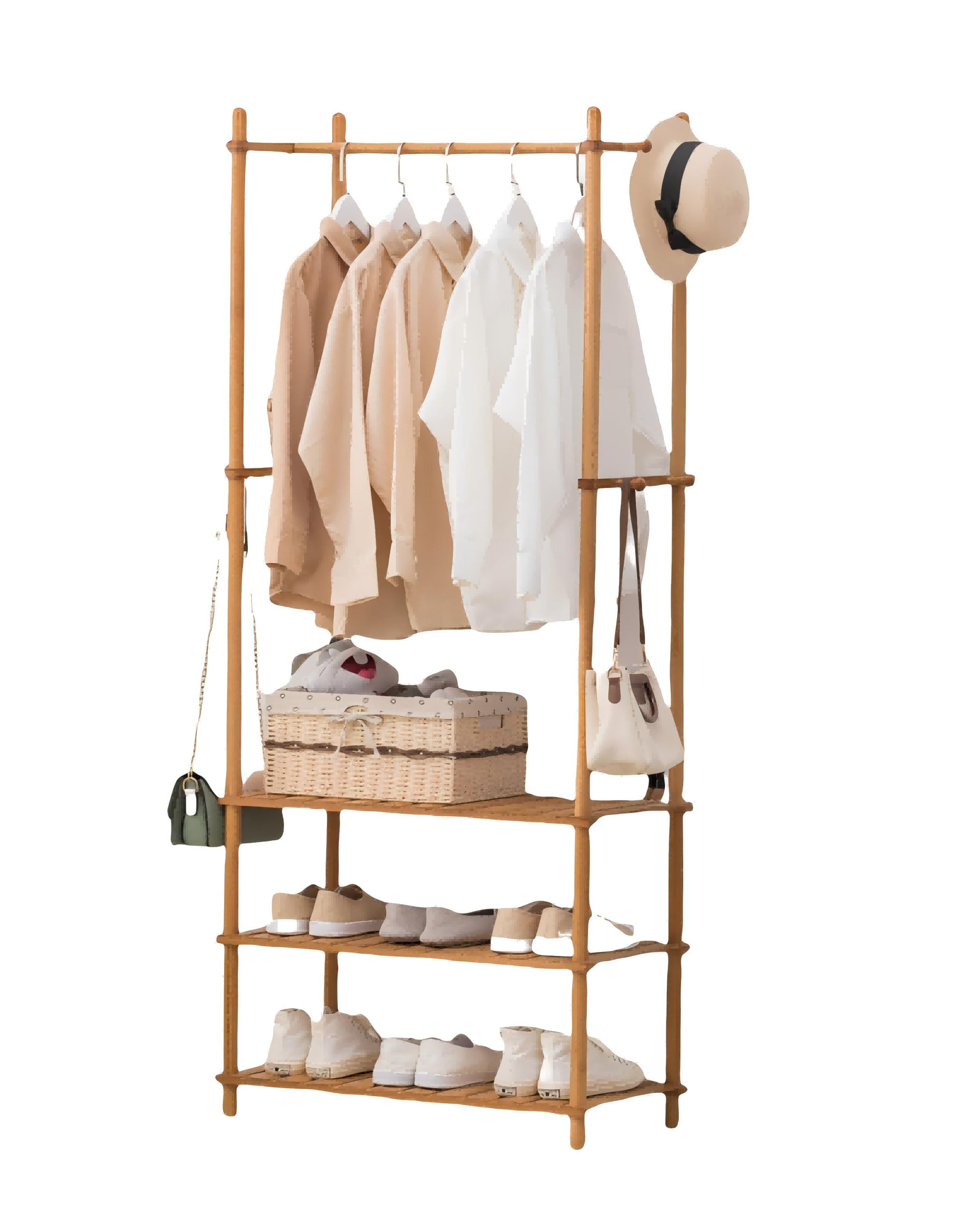 JKVPVANT 5-Tier Wooden Coat Rack with Shelves - Freestanding Clothes Hanger Organizer for Jackets, Hats, Umbrellas & Pants - Space-Saving Entryway & Bedroom Storage Solution (Natural Wood) - Perfect for Small Apartments, Dorm Rooms & Closet Organization