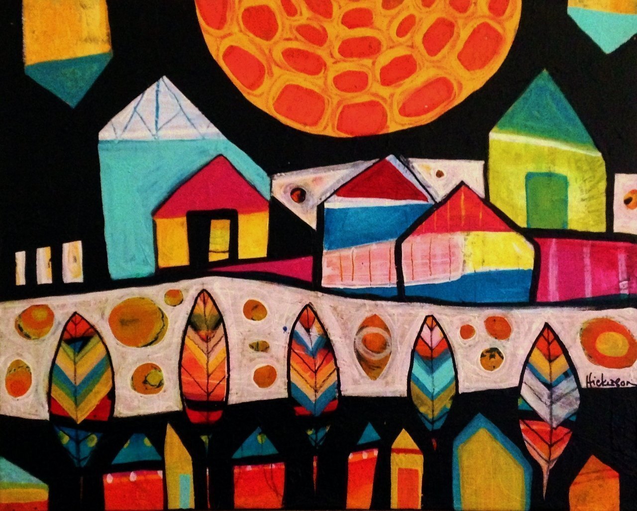 Primitive Modern Abstract Landscape Painting - Original Art by Karen Hickerson - Vibrant Houses, Village, Moon & Feathers - FREE SHIPPING | Perfect for Boho Home Decor, Living Room Wall Art & Unique Gift Ideas