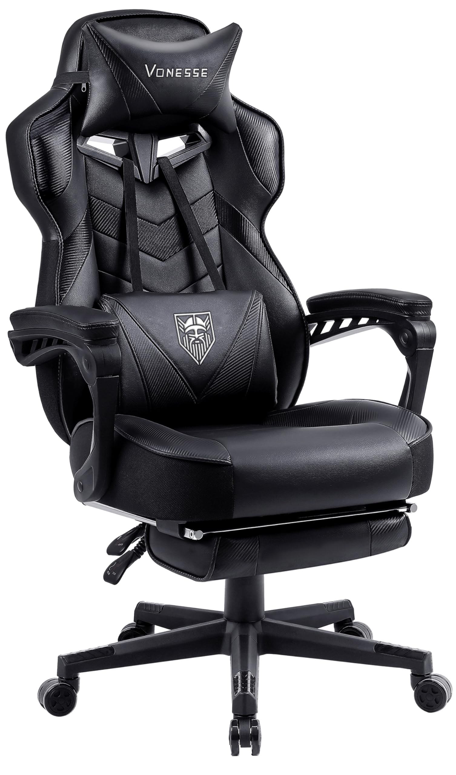 Vonesse Ergonomic Gaming Chair with Adjustable Footrest - High Back Big & Tall Computer Chair for Adults, Reclining Office Desk Chair with Lumbar Massage (Black) - Perfect for PC Gaming, Work from Home & Office Comfort