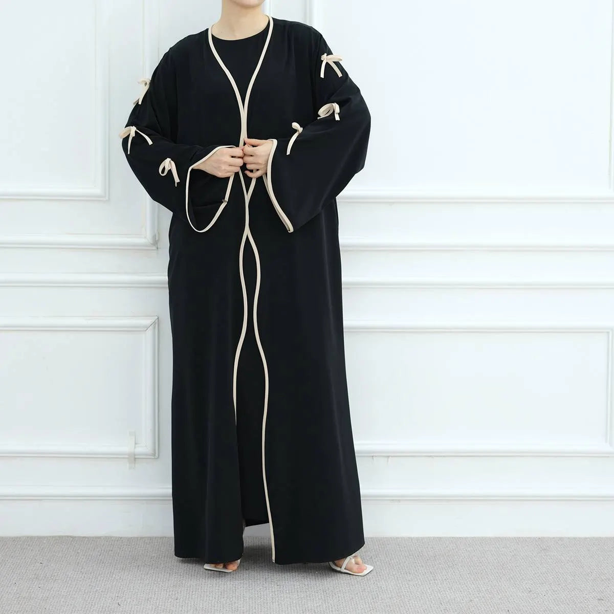 2-Piece Soft Nida Open Abaya Dress Set with Inner Sleeveless Dress - Elegant Muslim Women's Prayer Outfit for Mosque & Special Occasions #251003