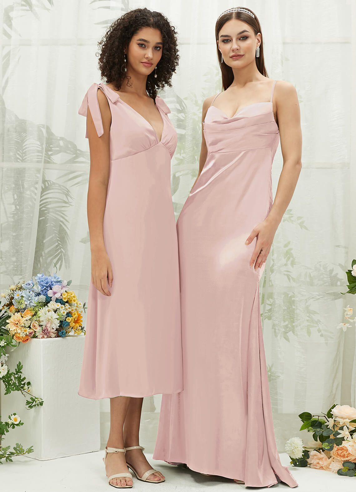 Elegant Blush Satin Cowl Neck Backless Long Bridesmaid Dress with Adjustable Straps - Perfect for Weddings, Formal Events & Evening Parties