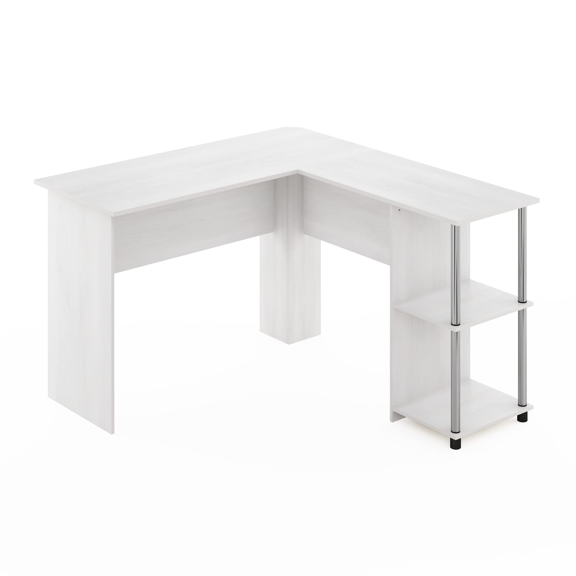 Furinno Abbott L-Shaped Computer Desk with Stainless Steel Frame & Bookshelf - White Oak/Chrome Finish | Perfect for Home Office, Gaming Setup & Small Space Workstation