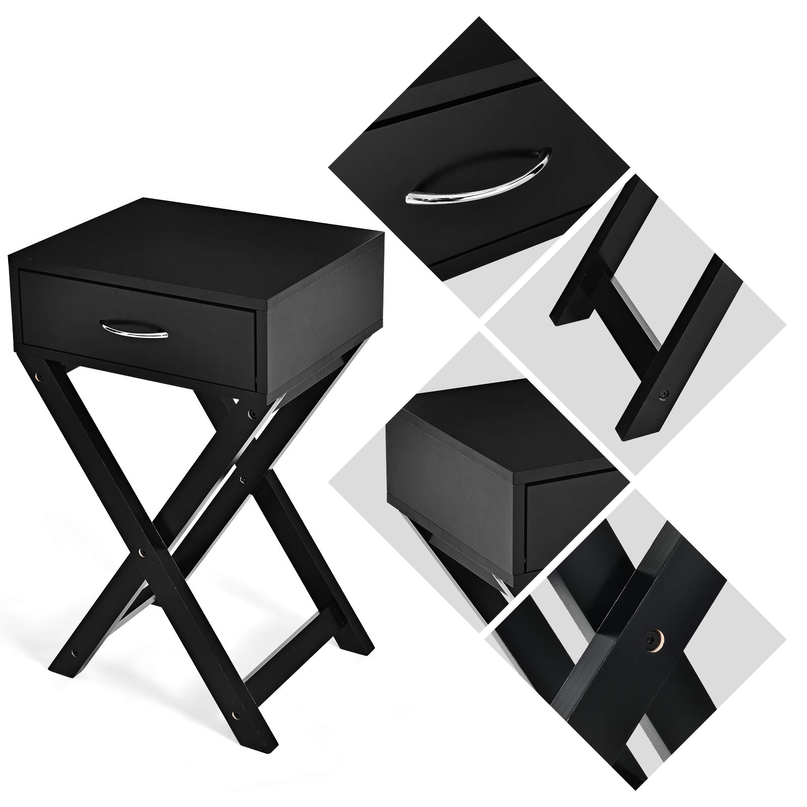 Giantex Black X-Shaped Nightstand with Drawer - Modern Accent End Table for Bedroom & Living Room - Perfect as Sofa Side Table, Nightstand or Bedside Table