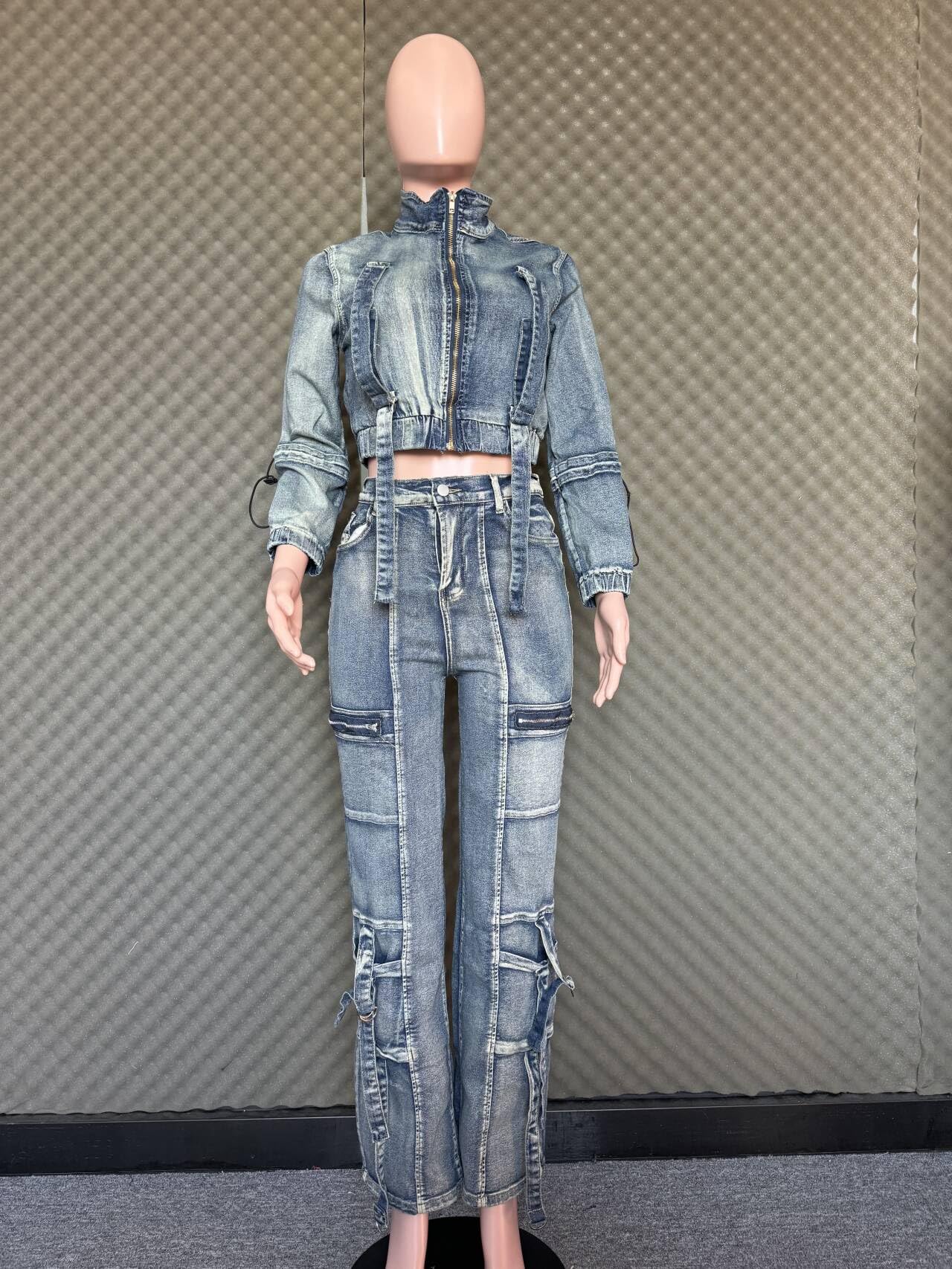 Molilove Women's Two Piece Denim Outfit - Long Sleeve Cropped Jean Jacket & Cargo Pants with Pockets | Y2K Streetwear Tracksuit Set | Casual Outing, Party Wear & Fashion Photoshoot