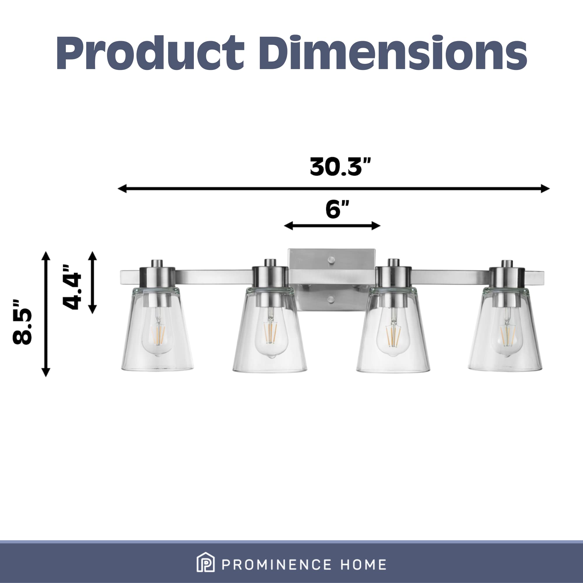 Prominence Home Fairendale 4-Light Brushed Nickel Bathroom Vanity Light with Clear Glass Shades - 51528-01 | Modern Bathroom Lighting for Vanity Mirror, Powder Room & Makeup Area