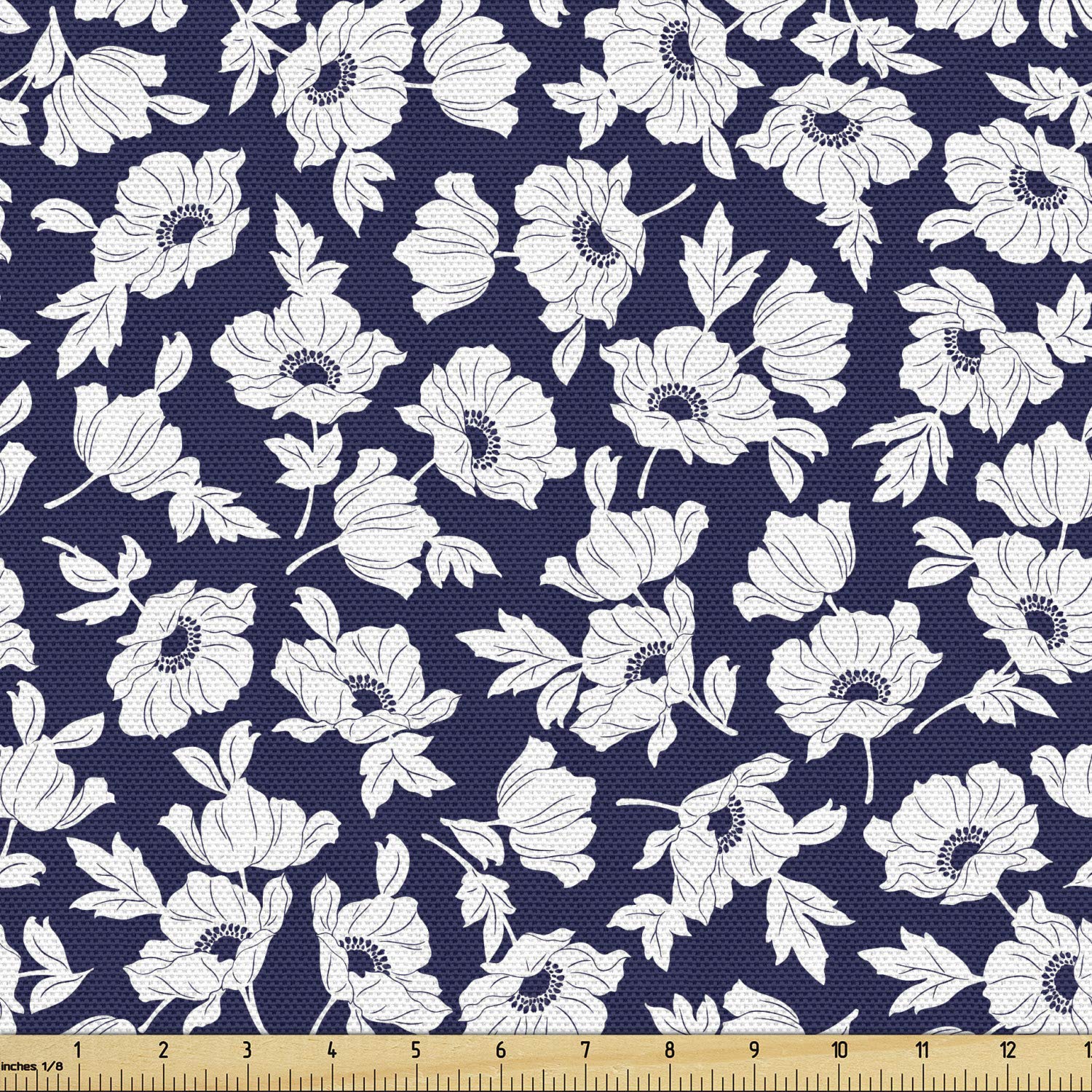 Ambesonne Floral Fabric by The Yard - Botanical Poppy Design in White & Indigo, 10 Yards | Upholstery, Home Decor, DIY Projects | Perfect for Curtains, Pillows & Spring Home Accents