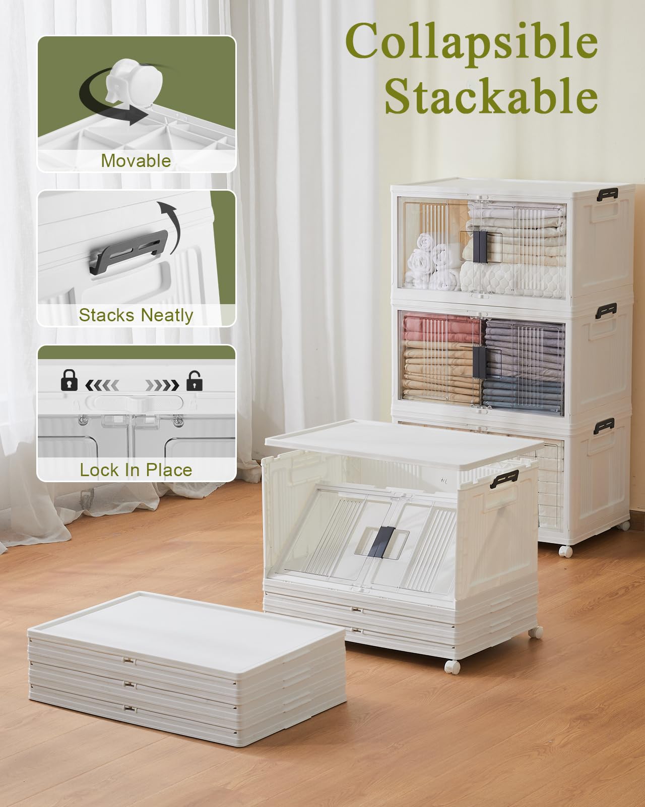 OlarHike 76QT Stackable Storage Bins with Lids - Foldable Organizer Boxes with Doors & Wheels, Collapsible Plastic Storage Containers for Closet, Home, Garage & Office Organization (Set of 3)