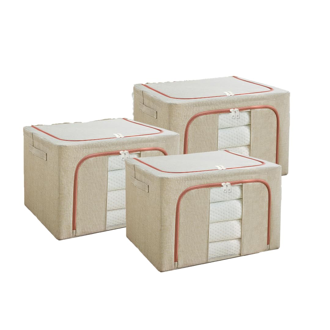 66L Steel Frame Storage Box with Clear Window - Extra Large Cloth Storage Organizer for Quilts, Blankets & Clothes - Foldable Fabric Wardrobe with Sturdy Zippers (Beige) | Perfect for Bedroom Closet, Seasonal Storage & Travel Organization