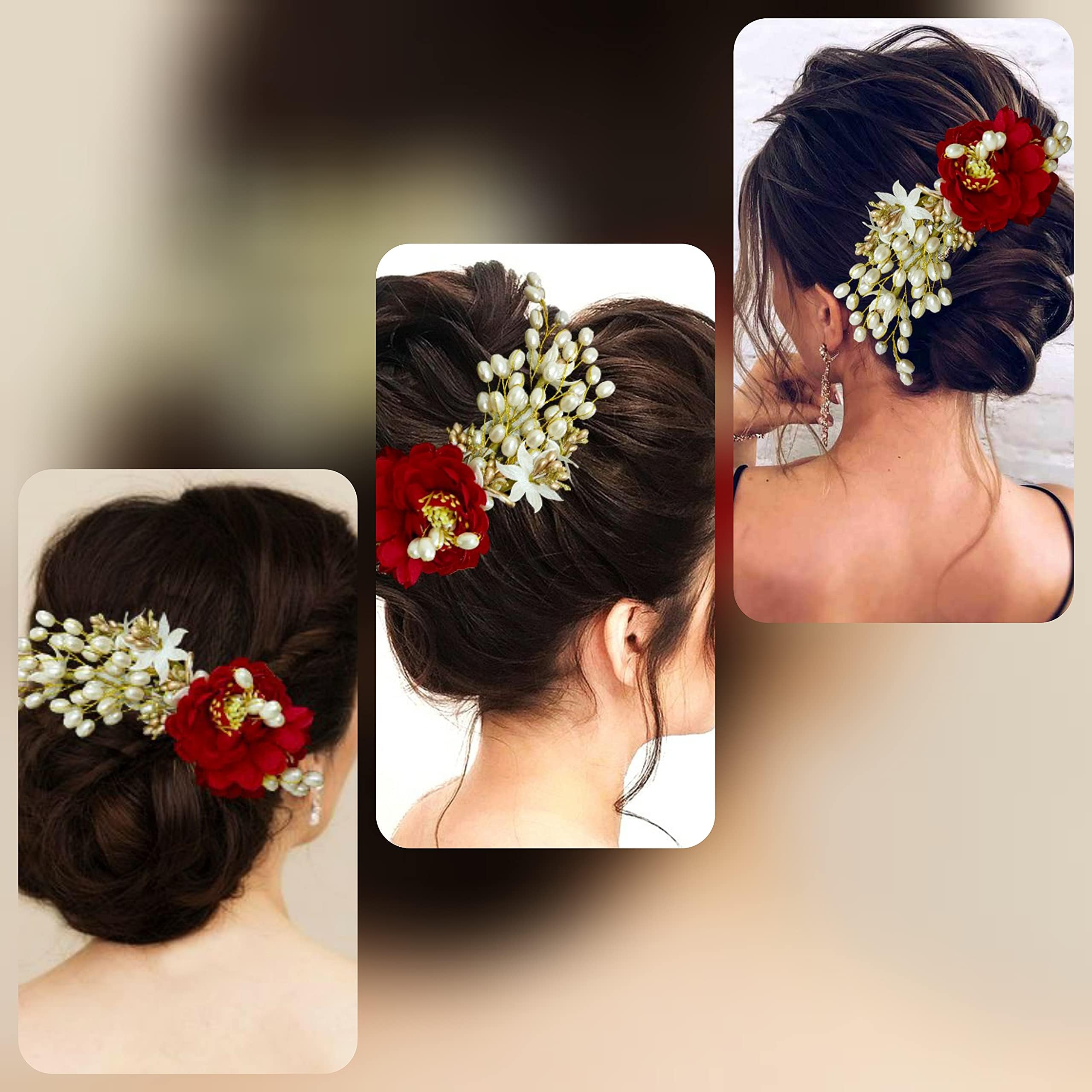 Artificial Peony Flower Hair Comb with Pearls - Elegant Hair Bun & Side Pin Accessories for Women & Girls (Red) | Perfect for Weddings, Prom & Special Occasions
