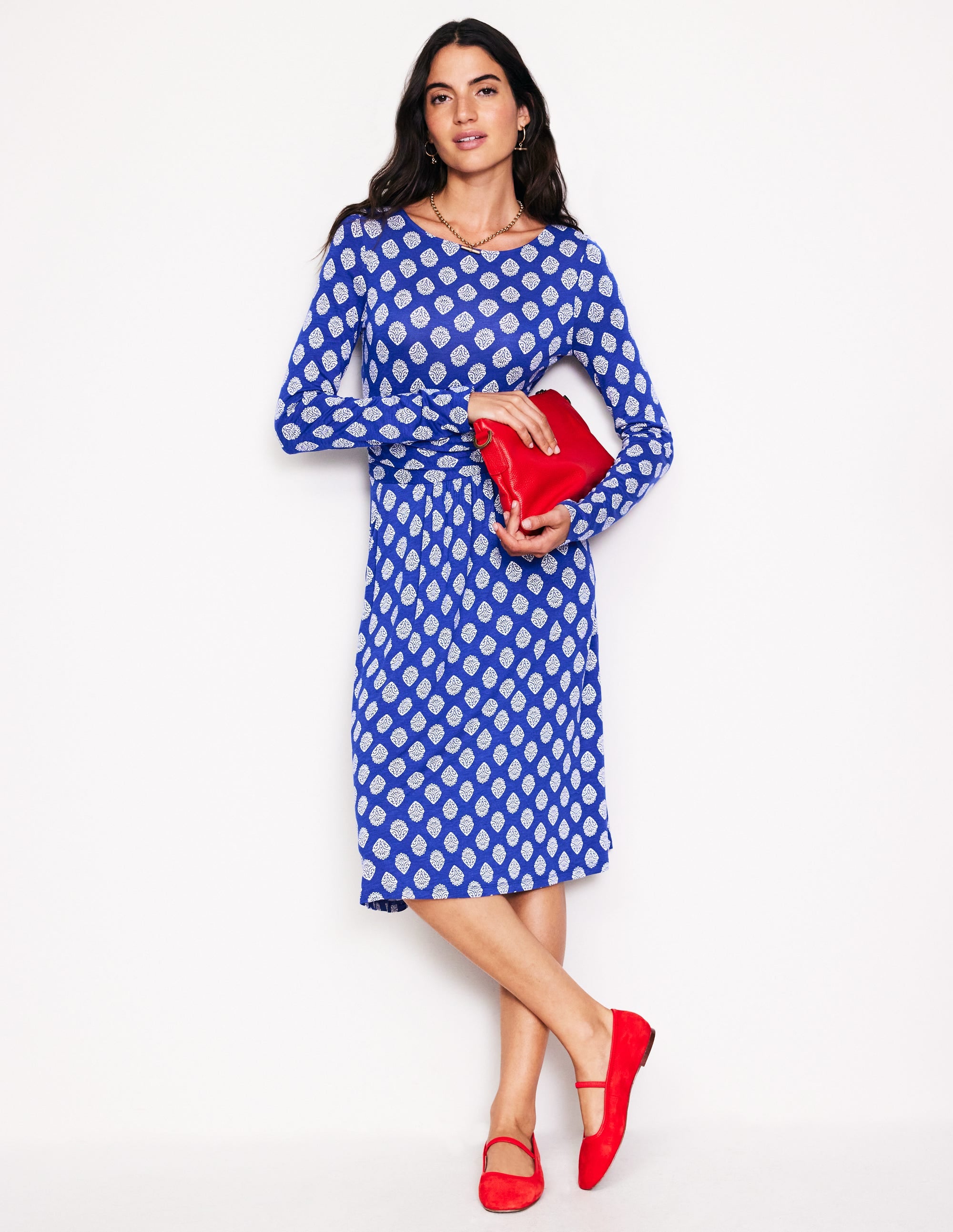 Amelie Long Sleeve Dress in Mazarine Blue with Ornate Stamp Design - Elegant Women's Fashion for Parties, Weddings & Special Occasions
