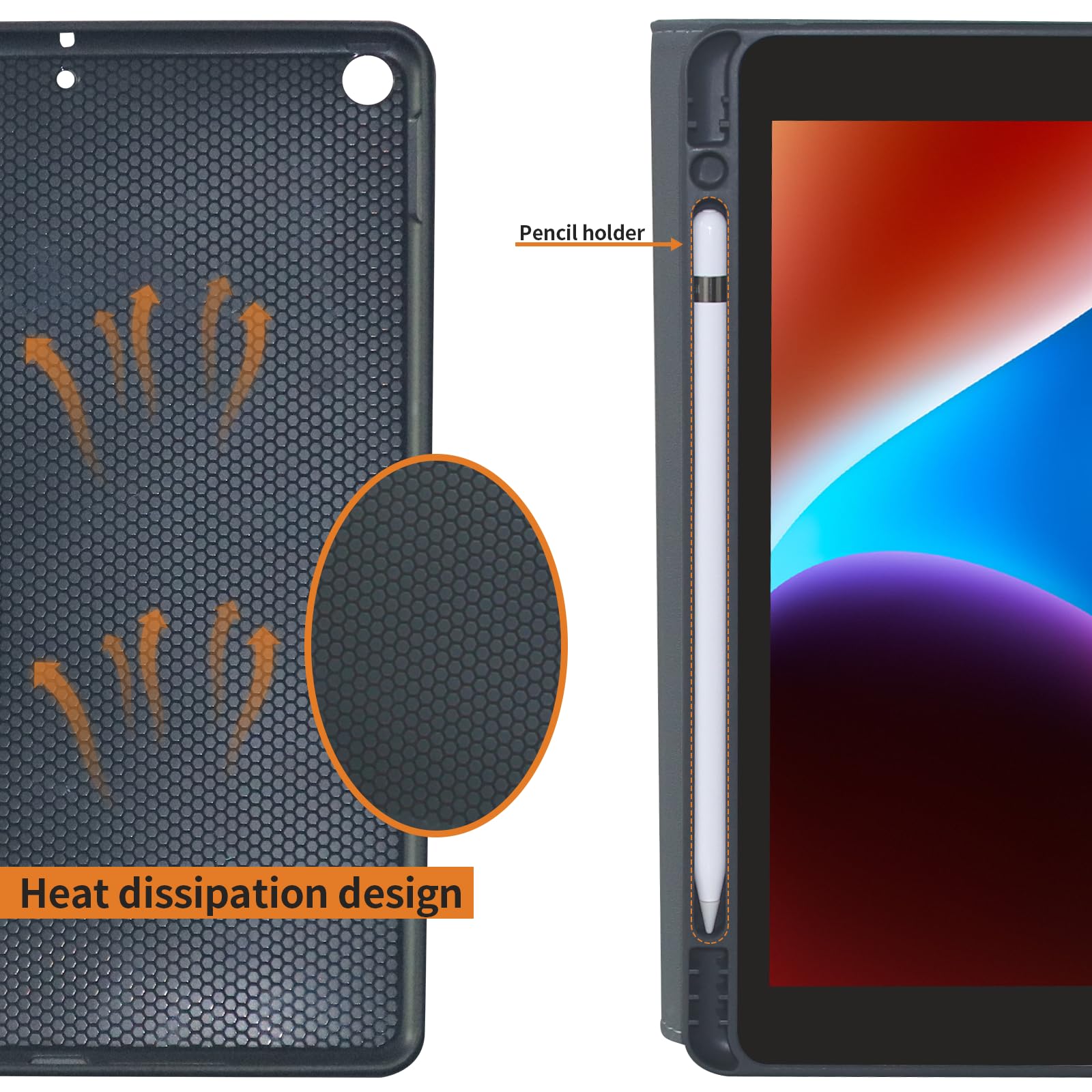 HFcoupe iPad 9th/8th/7th Generation Case (2021/2020/2019) - 10.2 Inch Full Body Protective Cover with Pencil Holder, Pocket & Auto Sleep/Wake | Multiple Viewing Angles | Black/Red | Perfect for Work, School & Travel