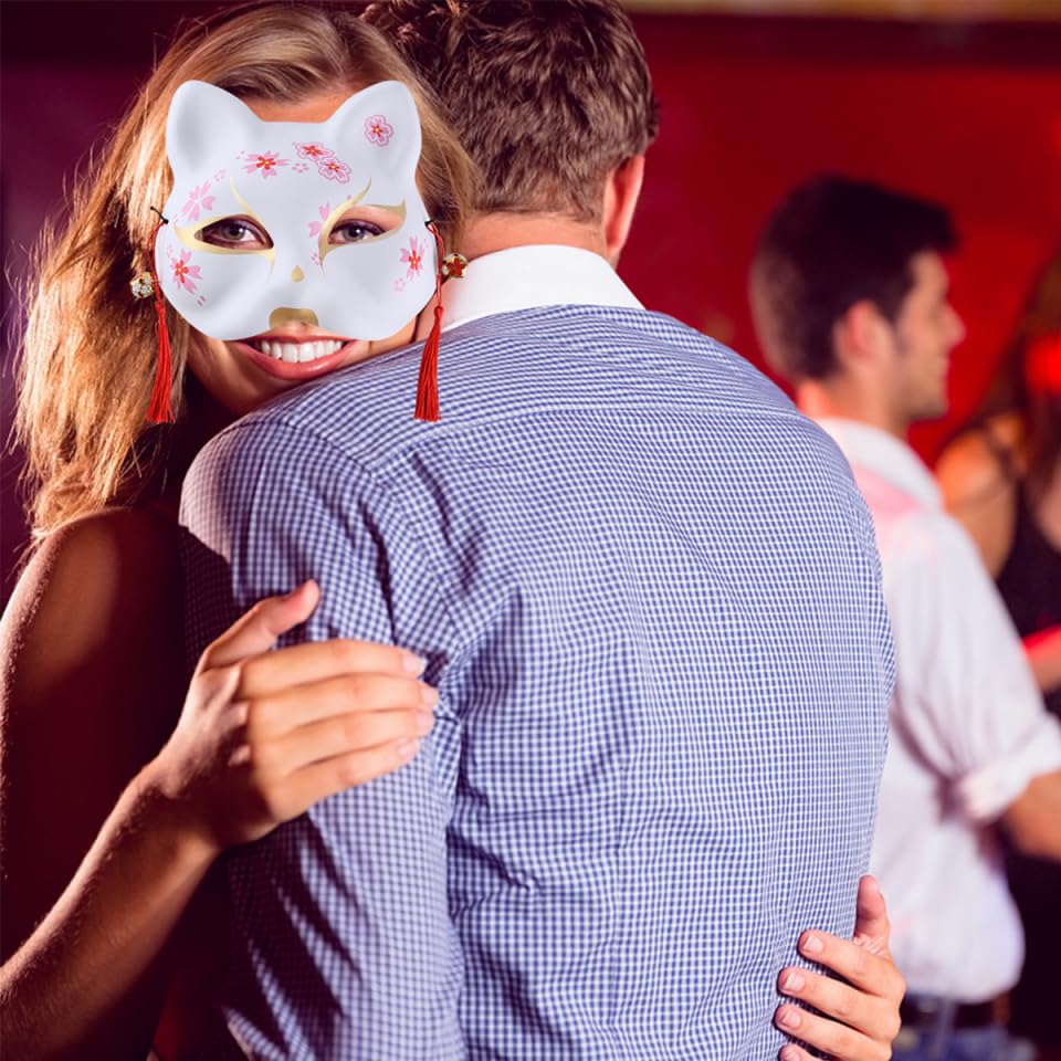 Hand-Painted Japanese Kitsune Fox Masks - 2pcs Half Face Cosplay Masks for Halloween, Masquerade & Costume Parties | Perfect for Anime Conventions, Theater Performances & Cosplay Events