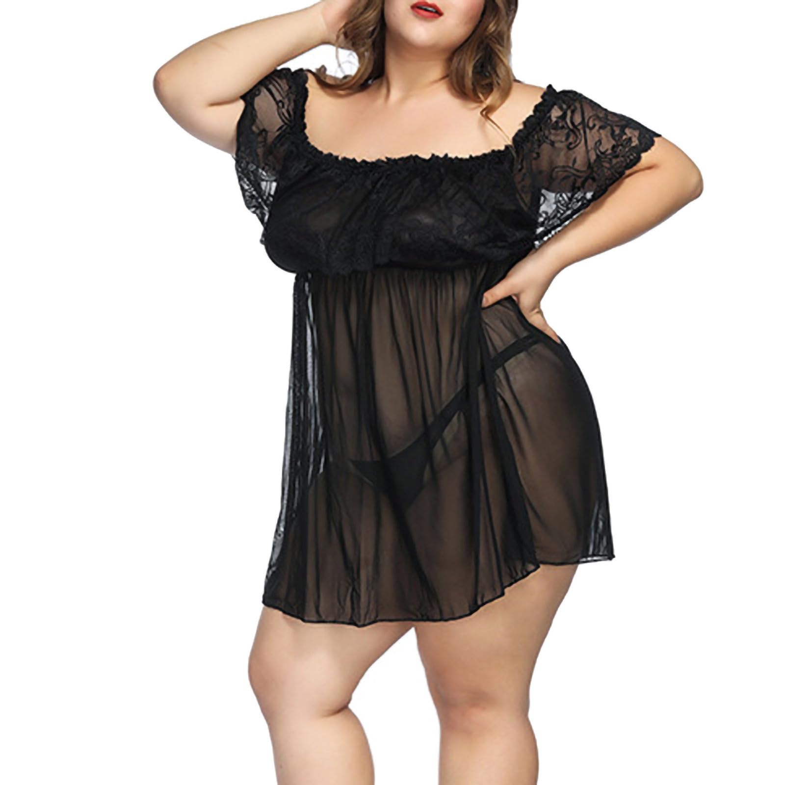 Sexy Lace Mesh Chemise for Women - Plus Size Babydoll Nightwear with Contrast Trim, See-Through Boudoir Pajama for Romantic Nights & Special Occasions