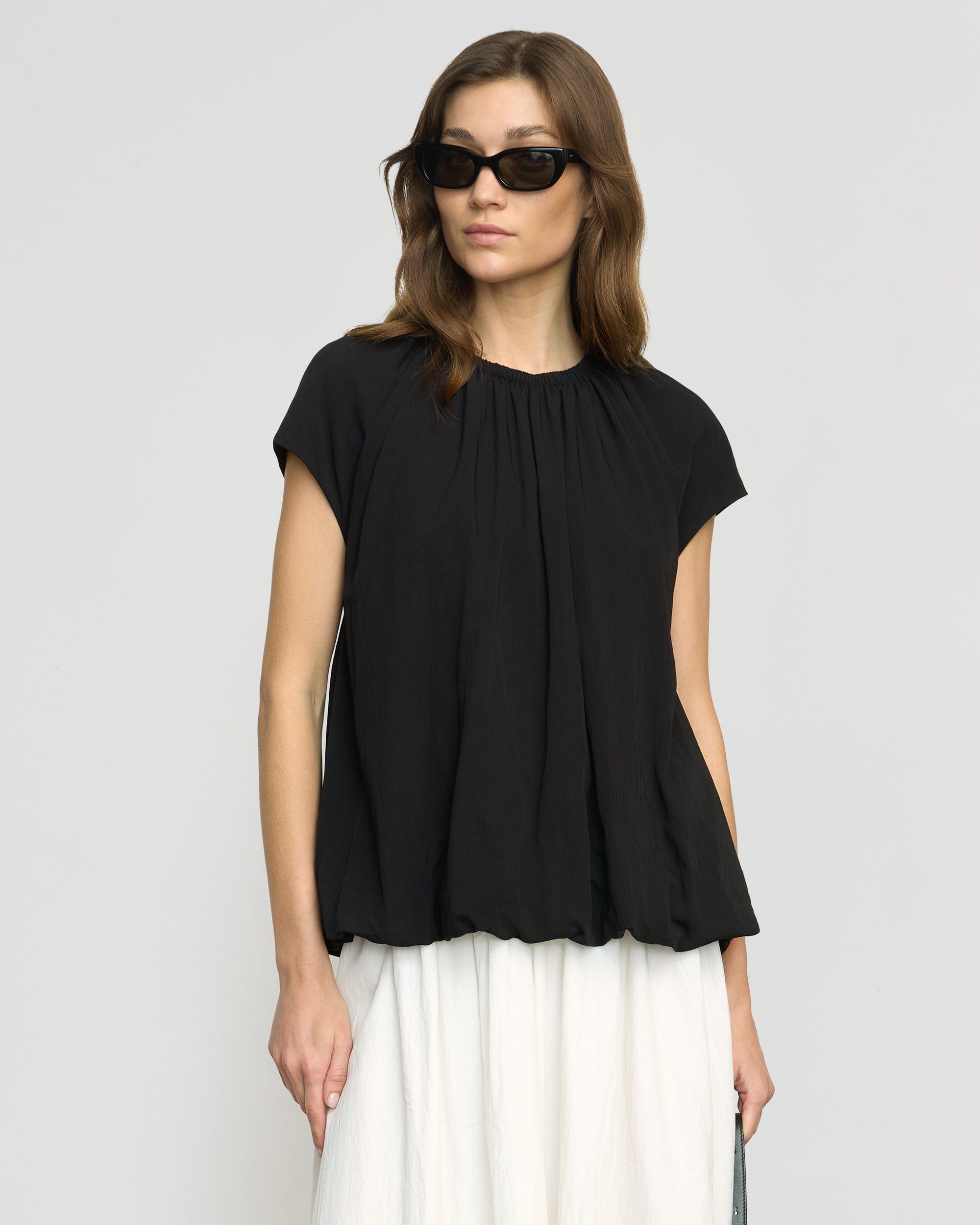 Orinda Women's Shirred Neck Bubble Hem Blouse - Elegant Ruffled Sleeve Top for Casual Wear & Office Outfits | Perfect for Date Nights & Summer Fashion
