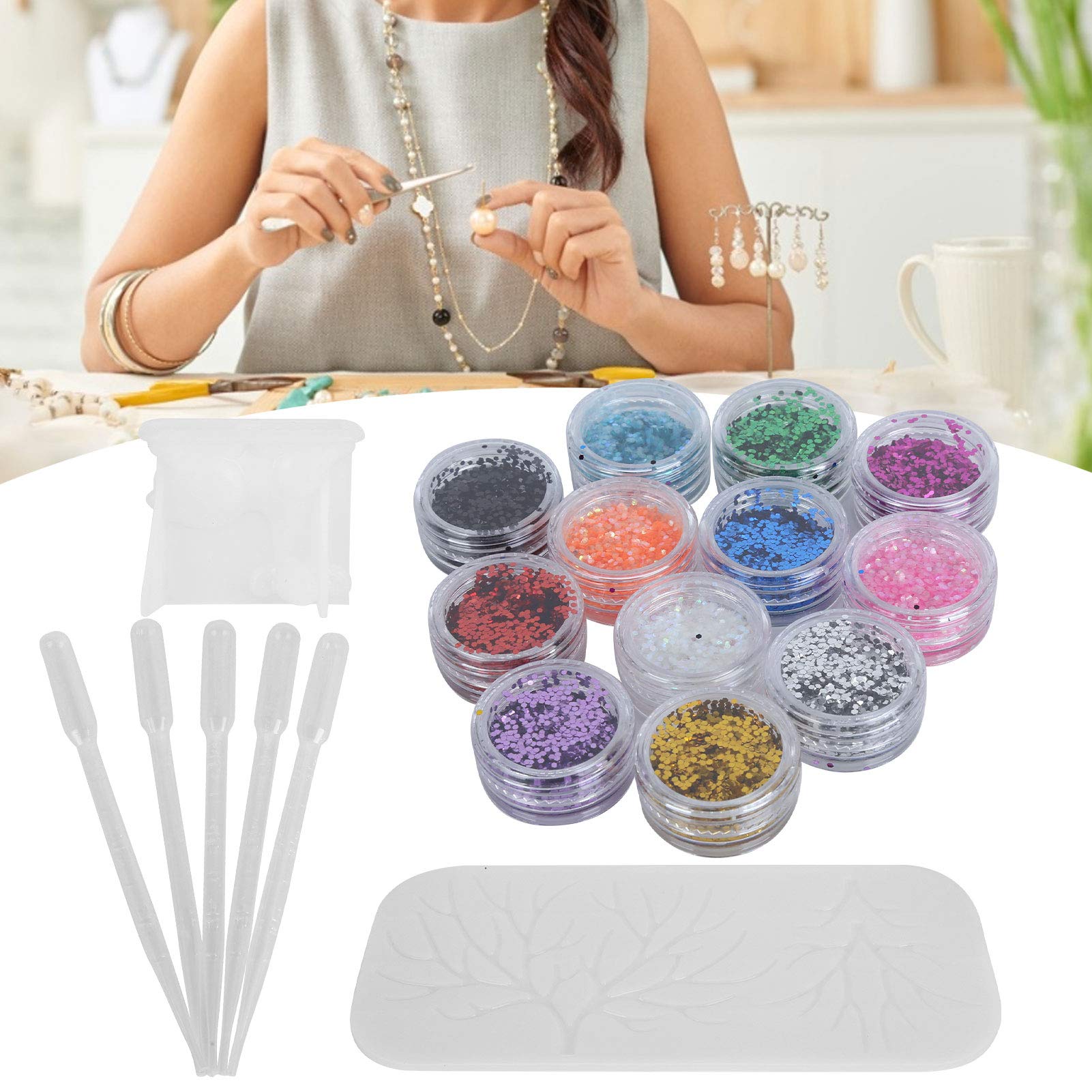 Premium DIY Silicone Molds for Elk Horn Jewelry Making - Epoxy Resin Casting Molds with 12 Color Sequins & Dropper Tools - Perfect for Handmade Jewelry, Resin Art, and Craft Projects