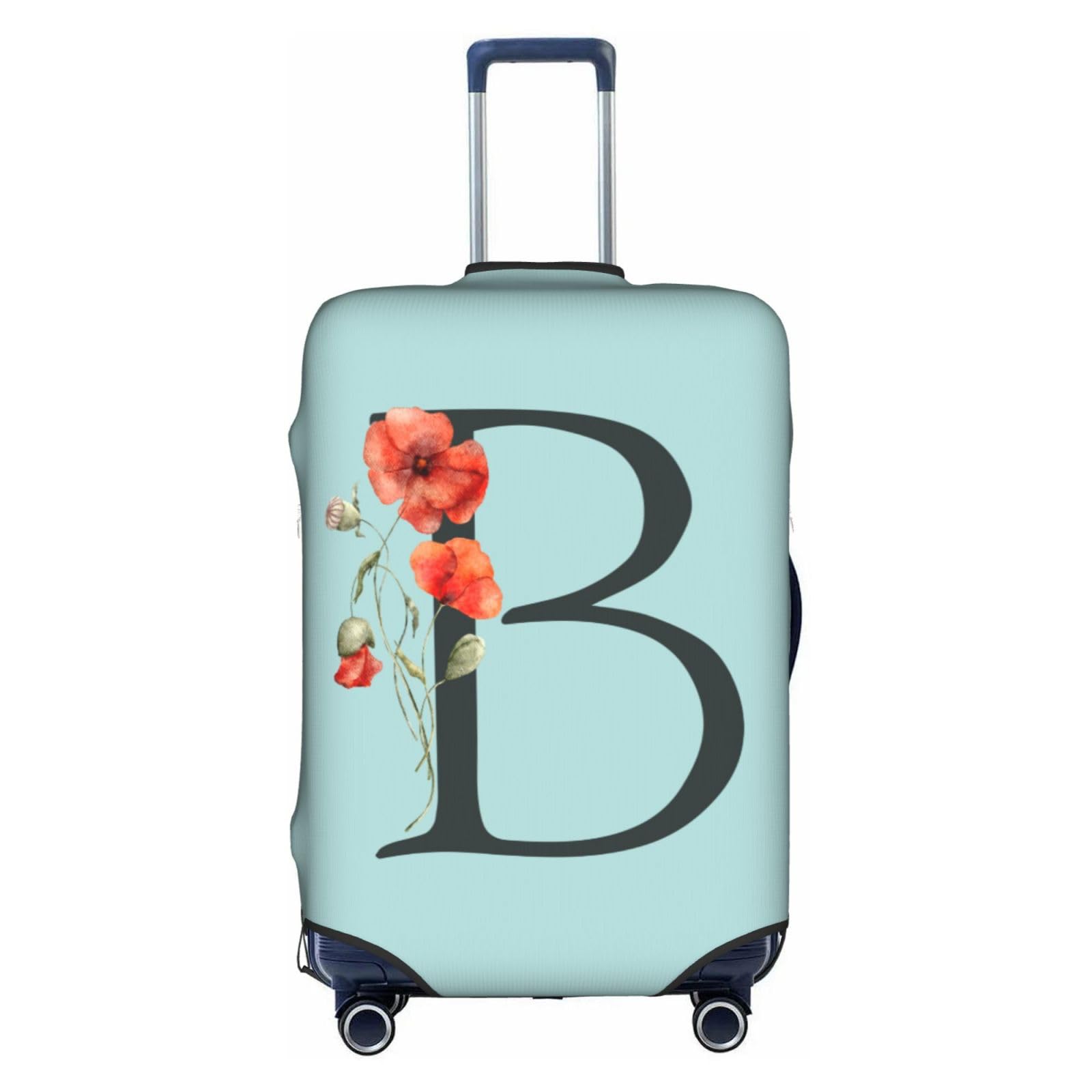 Spandex Blue Suitcase Protector Cover with Black Letter B & Boho Floral Poppy Leaves Design - Dust-Proof Washable Luggage Bag for 25-28 Inch Wheeled Suitcases (Kids & Adults) - Perfect for Travel, Airplane Trips & Vacation Packing