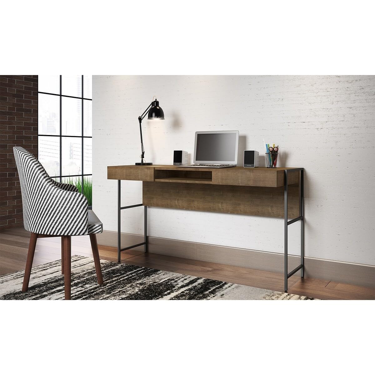 Casabianca Home Clark Executive Office Desk - Walnut Laminate with Storage Drawers & File Cabinet | Modern Writing Desk for Home Office, Study Room & Workspace