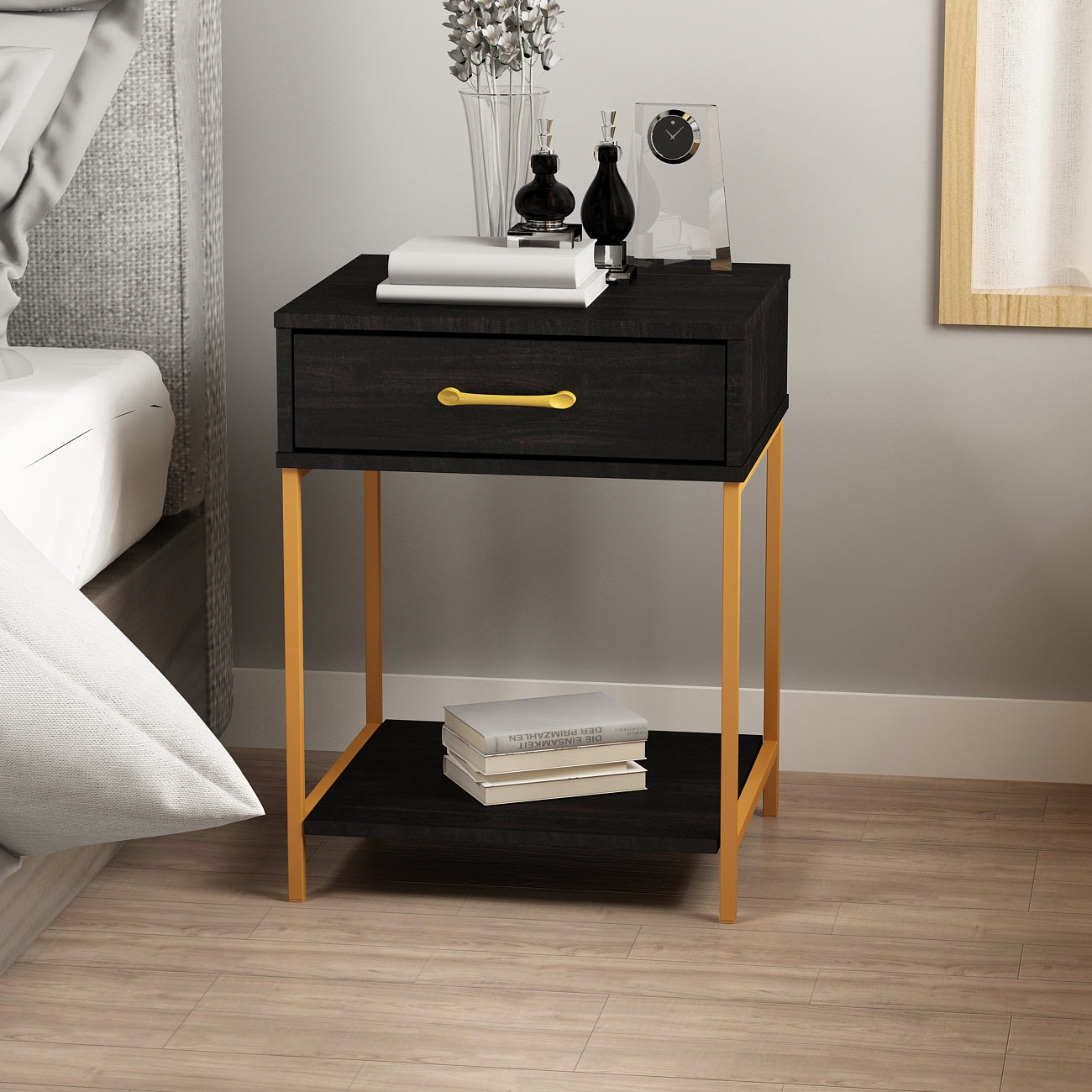 Modern Nightstand with Drawer and Shelf - Bedside Table, Sofa Side Table, End Table for Bedroom, Living Room - Compact Storage Solution for Books, Lamps, and Essentials