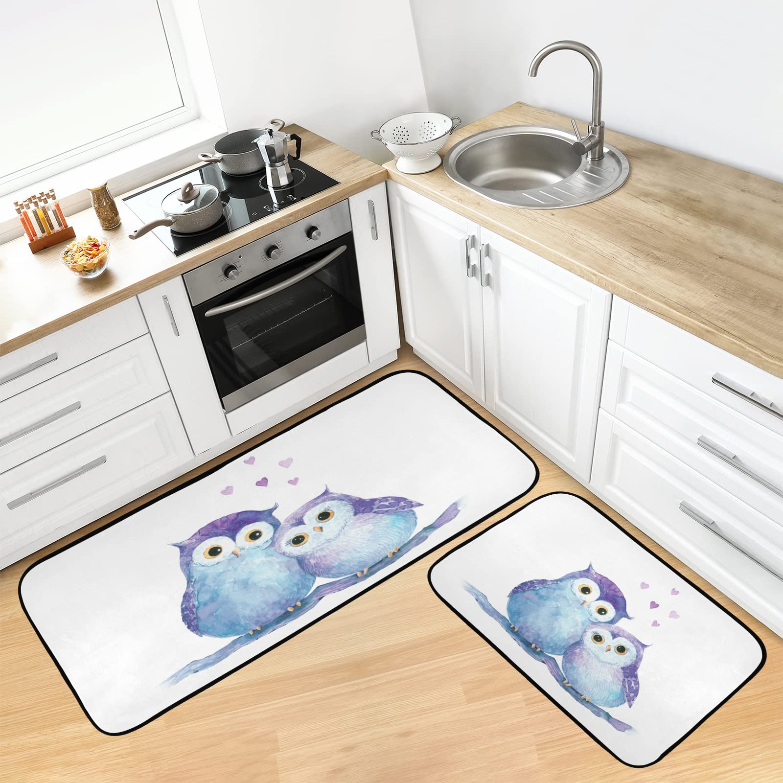 Non-Slip 2-Piece Kitchen Rugs Set with Cute Owl Design - Washable Anti-Fatigue Bathroom Floor Mats & Doormat (27