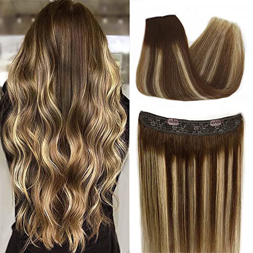 20 Inch Real Human Hair Extensions - Chocolate Brown with Golden Blonde Balayage Straight Hair Weft with Hidden Wire & Transparent Fish Line | Invisible Hairpiece for Daily Wear, Parties & Special Occasions
