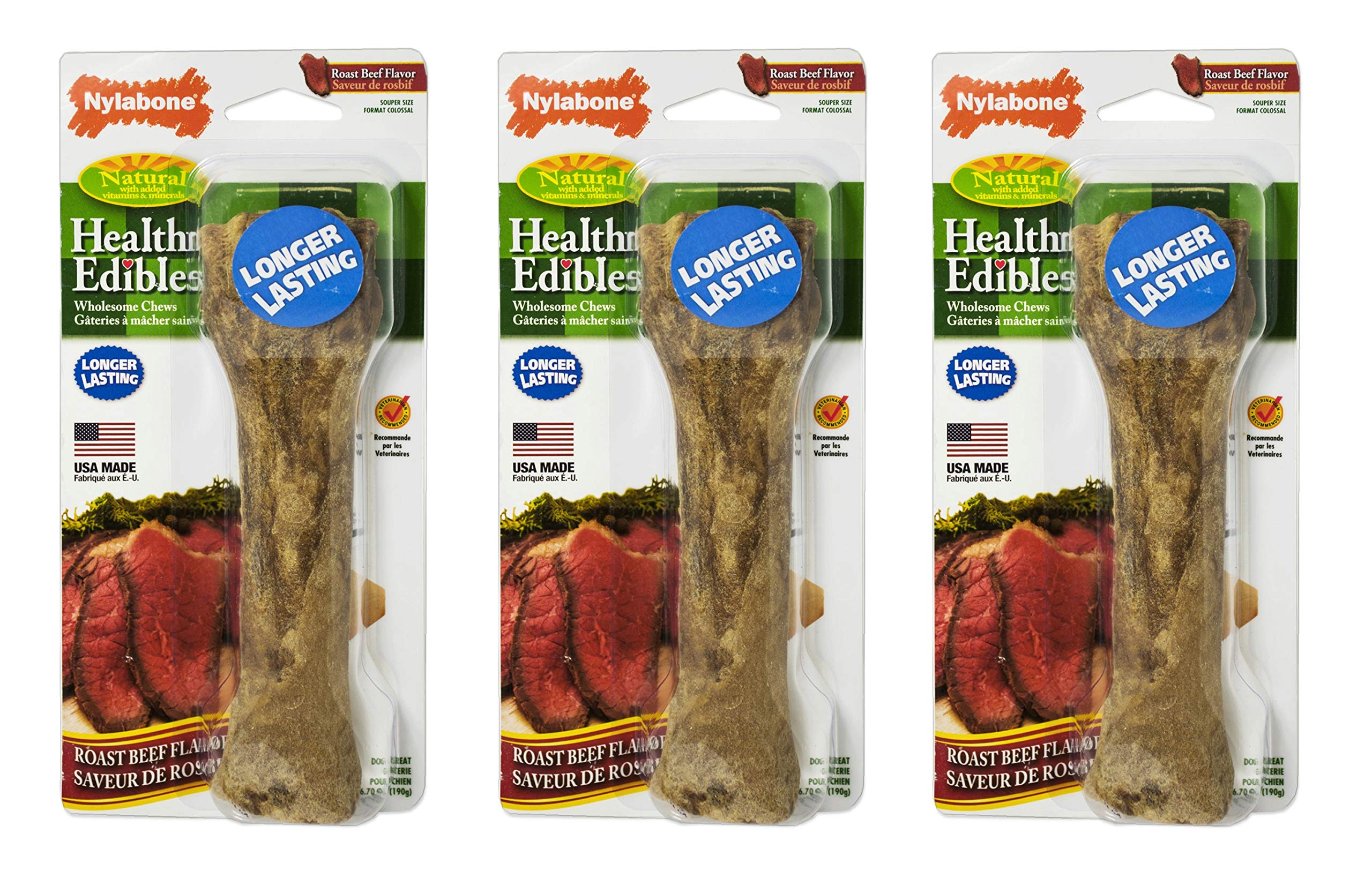 Nylabone Healthy Edibles Chew Treats for Large Dogs Over 50 lbs - 3 Pack Souper & Roast Beef Flavor Bones - Made in USA - Perfect for Teething, Anxiety Relief & Dental Health